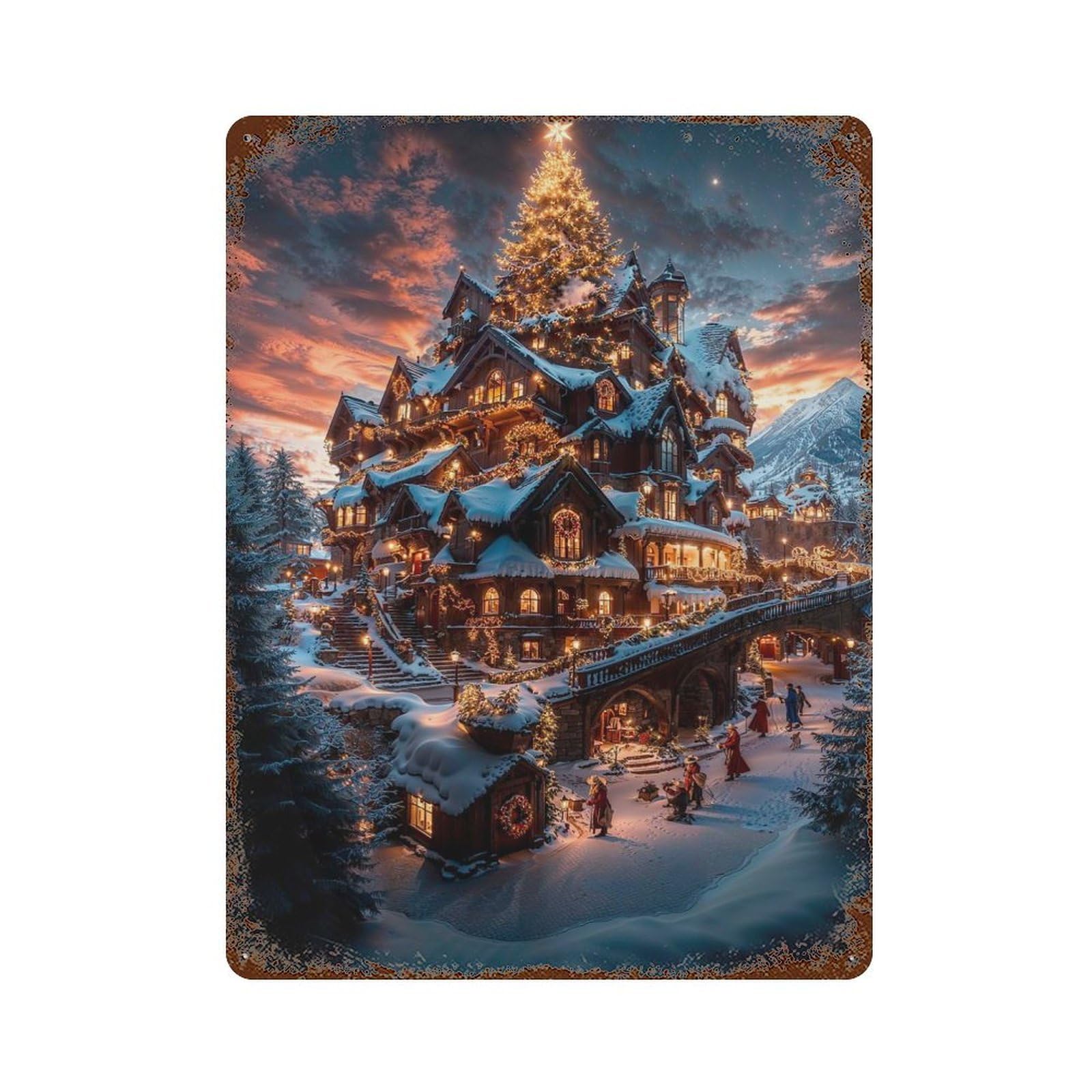 Christmas Village Fantasy Vintage Rust Metal Sign 15.7"x11.8", for Basement, Hobby Room And Garage Decor, Farmhouse Wall Decor