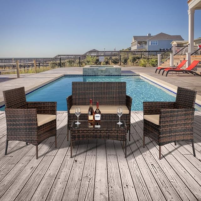 VINGLI 4 Pieces Wicker Outdoor Patio Furniture Set Patio Conversation Set with Coffee Table, All-Weather Rattan Chair Patio Wicker Sofa Set for Yard,Pool or Backyard (Brown)