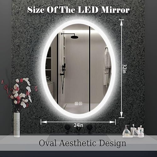 Miniatura 4 de Espejo LED ovalado de 24 x 32 pulgadas para baño, espejo de baño biselado retroiluminado montado en la pared, espejo de tocador iluminado regulable
