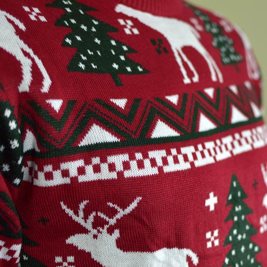 Jersey Navideño Rojo Árboles de Navidad y Renos para Mujer, Hombre y Niños