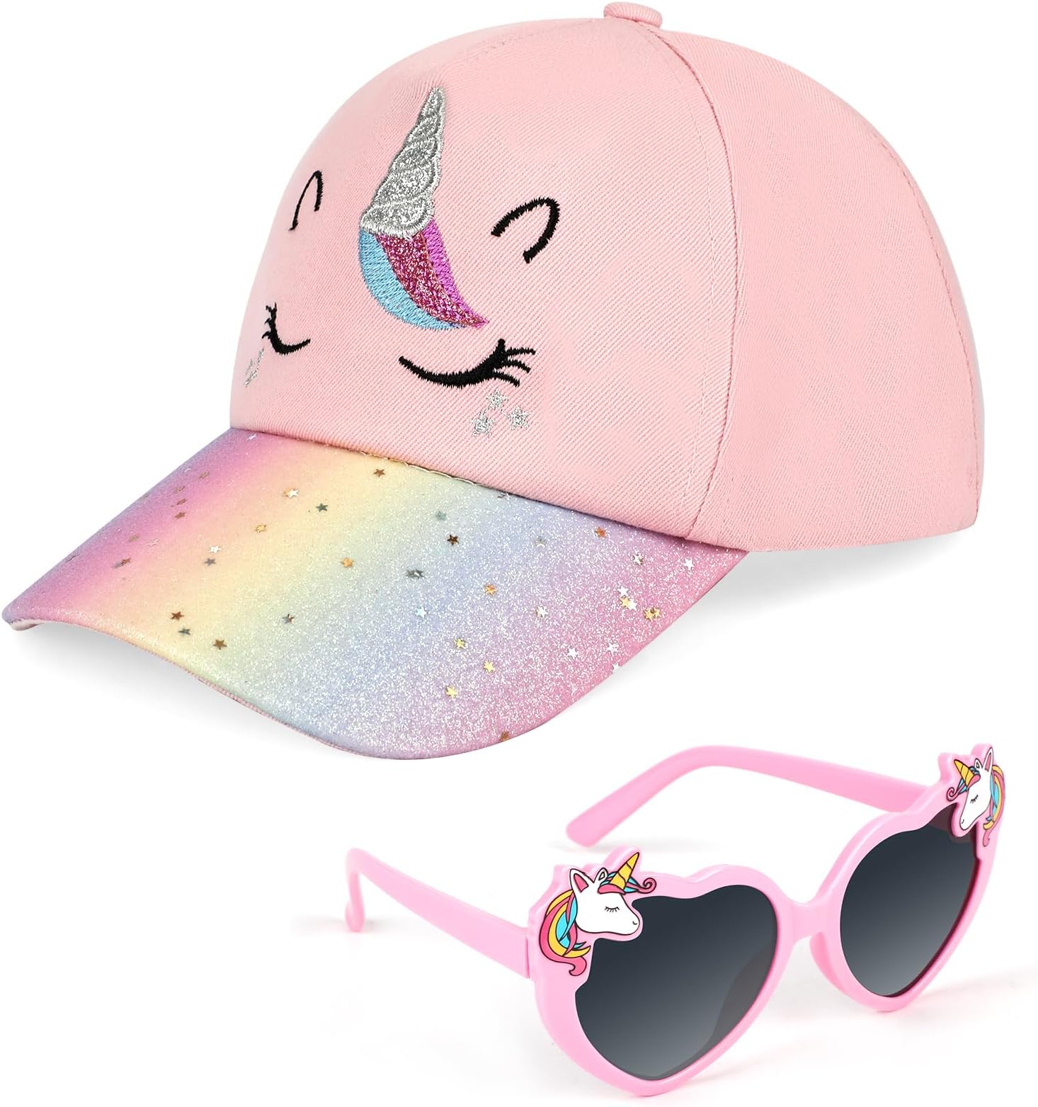 Hifot Girls Baseball Cap Kids Sunglasses Set,Adjustable Sun Hat Sequin Cat Ear Hat Cute Toddler Cap for Girls Ages 3-10Y(Pink)