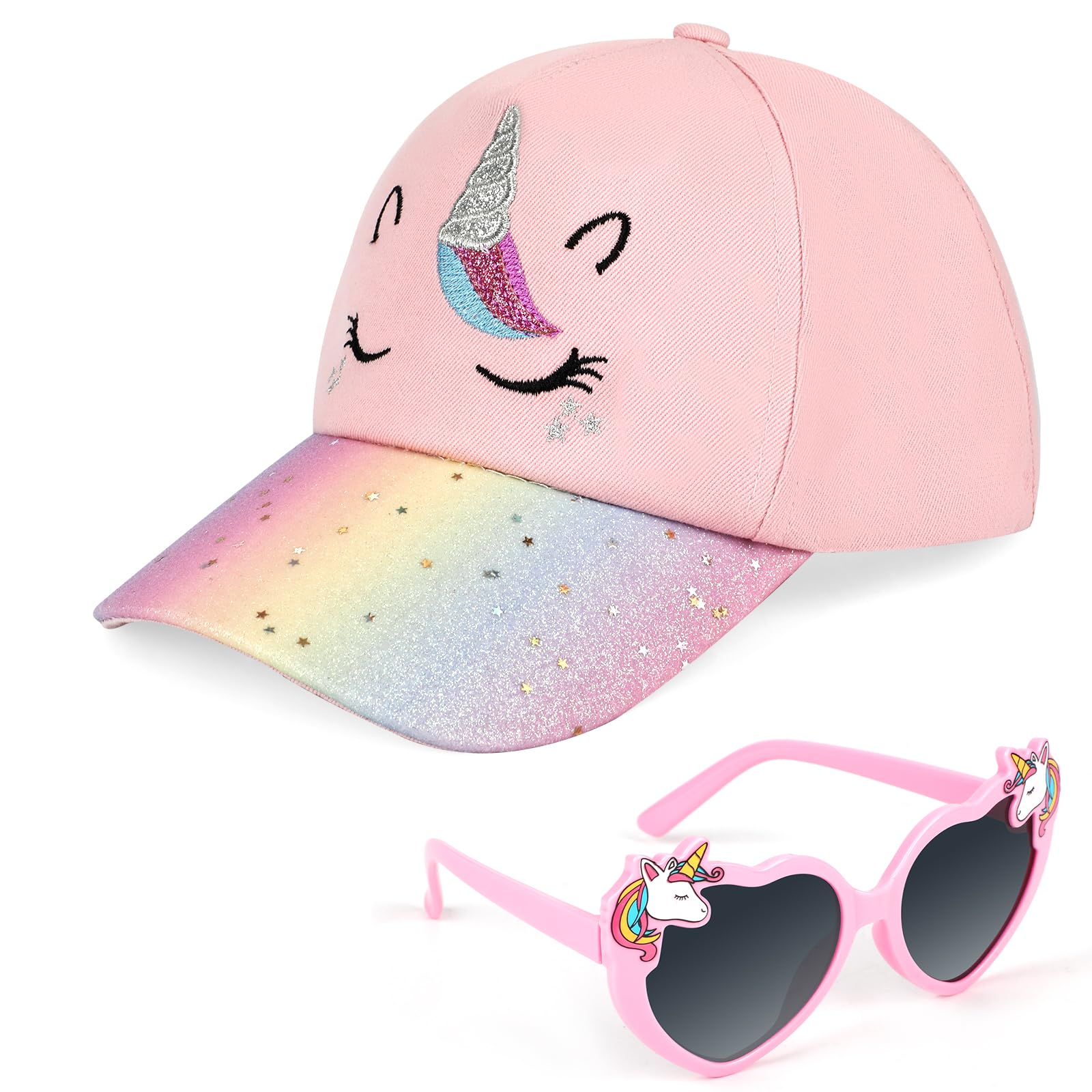 HifotGirls Baseball Cap Kids Sunglasses Set,Adjustable Sun Hat Sequin Cat Ear Hat Cute Toddler Cap for Girls Ages 3-10Y(Pink)