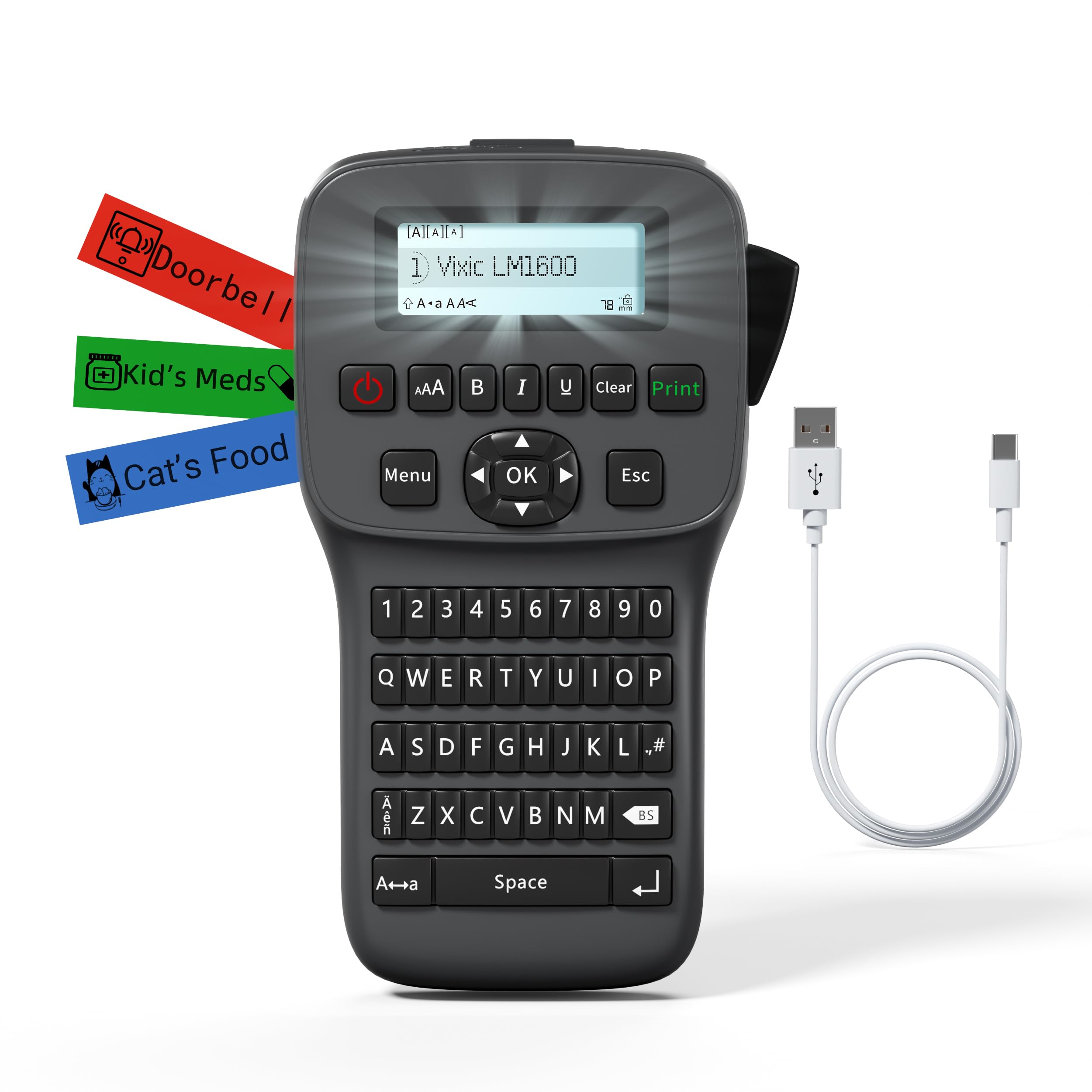 Vixic Tragbares Beschriftungsgerät mit wiederaufladbarem Akku und Bluetooth, LM1600 Etikettiergerät mit QWERTY Tastatur, einfache Textbearbeitung für D1 Etiketten in 12mm Breite