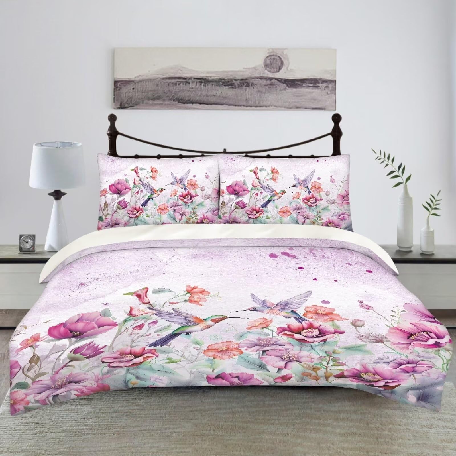 ZFRXIGN Hummingbird Bedding Set King Size for Women Comforter Set 3 Pieces Bedspread Pillow Cases Bedding Blanket Comforter Home Decor Duvet Cover Spring Flower Birds Pink