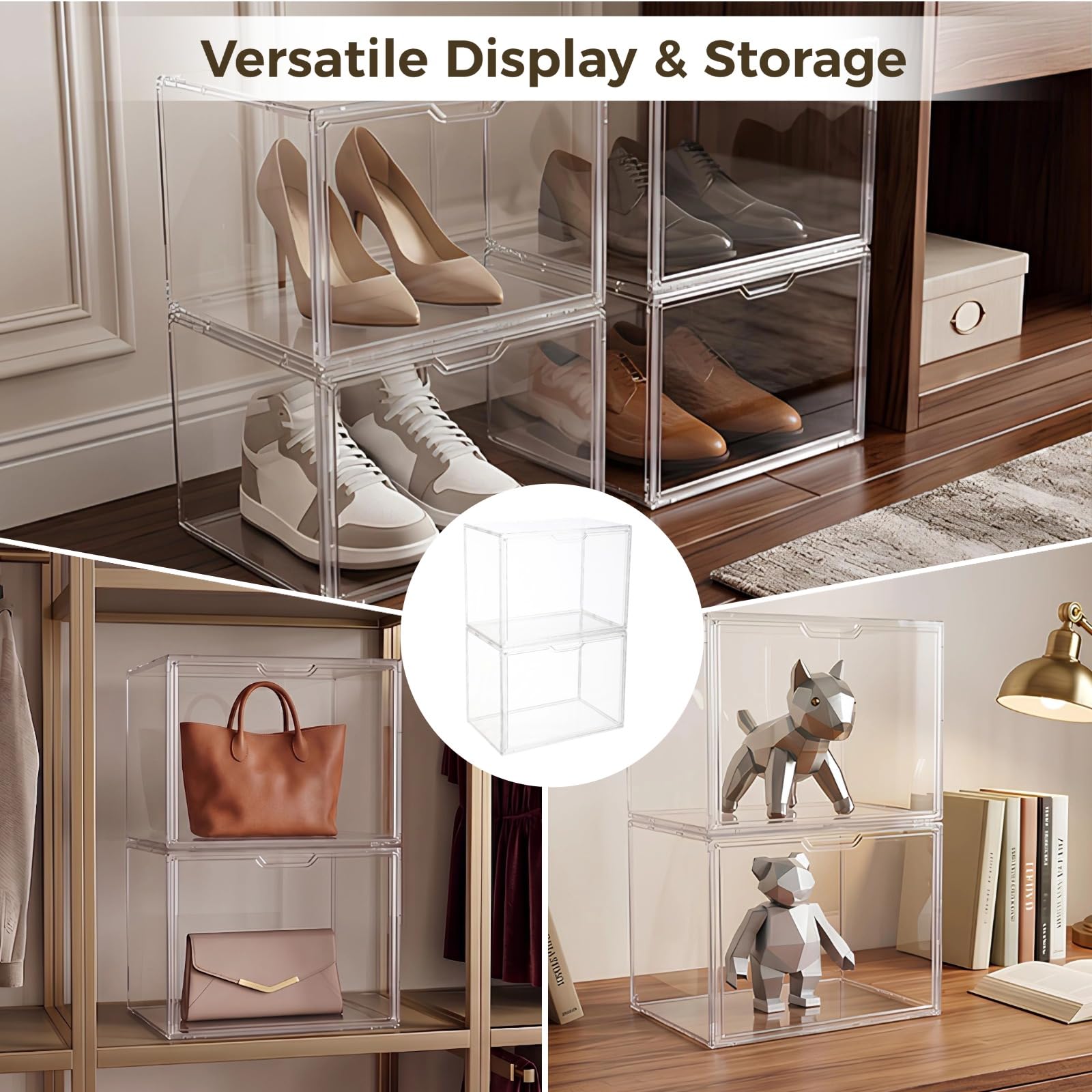 Lot de 2 présentoirs empilables en acrylique transparent avec porte d'entrée en métal - Bacs de rangement transparents à collectionner - Prend en charge l'affichage horizontal ou vertical