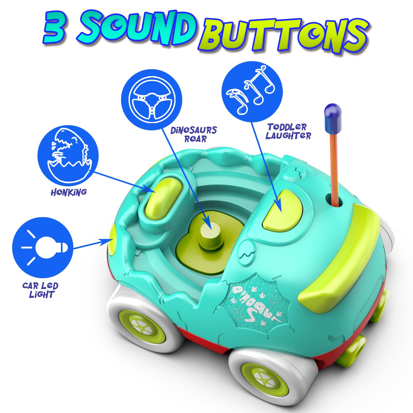 AEROQUEST Remote Control Car for Toddlers Toddler Toys for 18+Months RC Cars with LED Lights & Music Dinosaur Toy for Kids 2 3 4 5 Years Old Birthday Gifts for 3+ Year Old Girls Boys -2 Pack