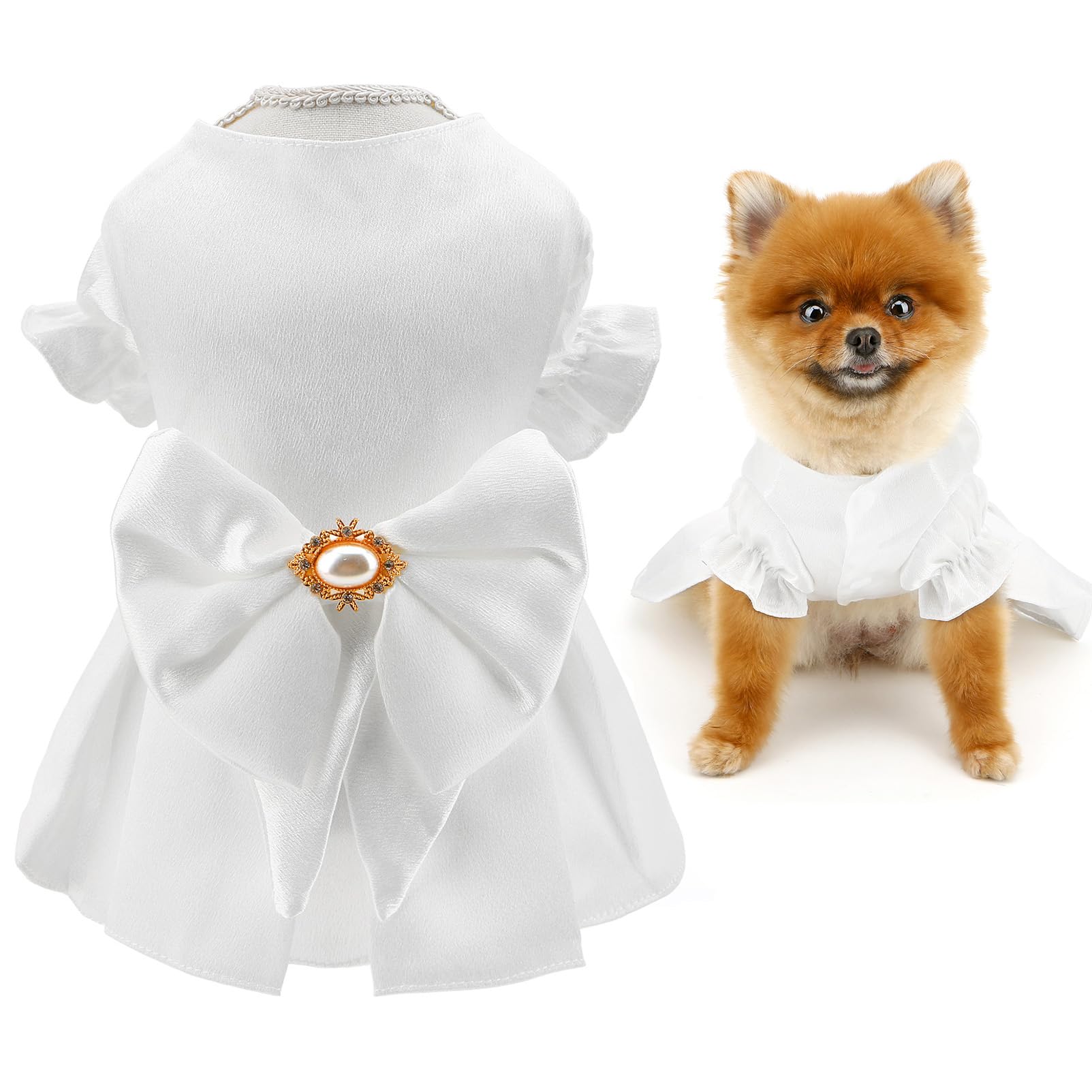 SMALLLEE_LUCKY_STORE Satin Dog Wedding Dress for Small Dog Elegant Princess Puppy Skirt with Bow and Pearl Pet Bride Pure White Tutu Dress with Puff Sleeve Luxury Party Birthday Costume, White, XXL