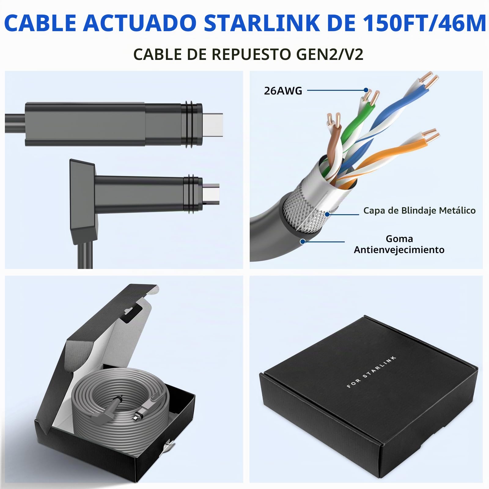 Cable Starlink (150 pies/46 m) para satélite rectangular Starlink V2, extensión de cable Starlink resistente al agua para Starlink Activated Gen 2, cable Ethernet Starlink