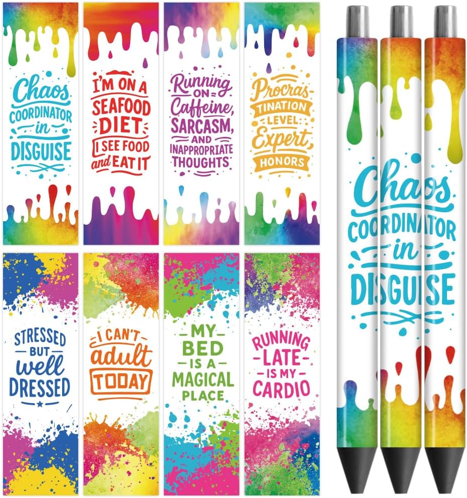 Peacoblue UV DTF Pen Wraps Transfer Sticker Colorful Paint Stains and Funny Words - 48pcs HD Print UV DTF Vinly Pen Adhesive Decals for DIY Pencil Pen Decorative Crafts Gifts Giving for Mothers Day