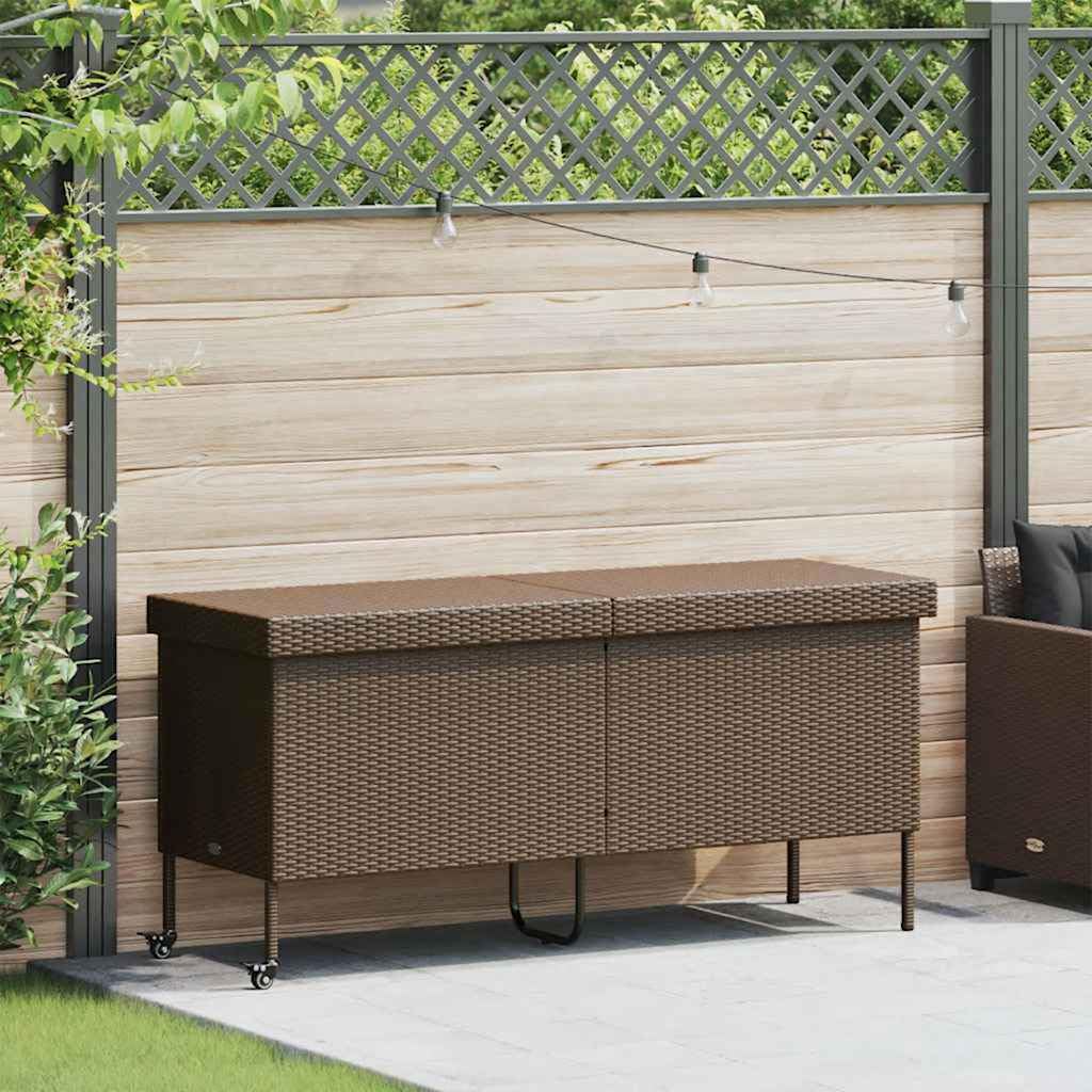 vidaXL Contenitore da Giardino con Ruote Marrone Polyrattan, portaoggetti da Giardino, Contenitore Cuscino da Giardino, Mobile da Giardino