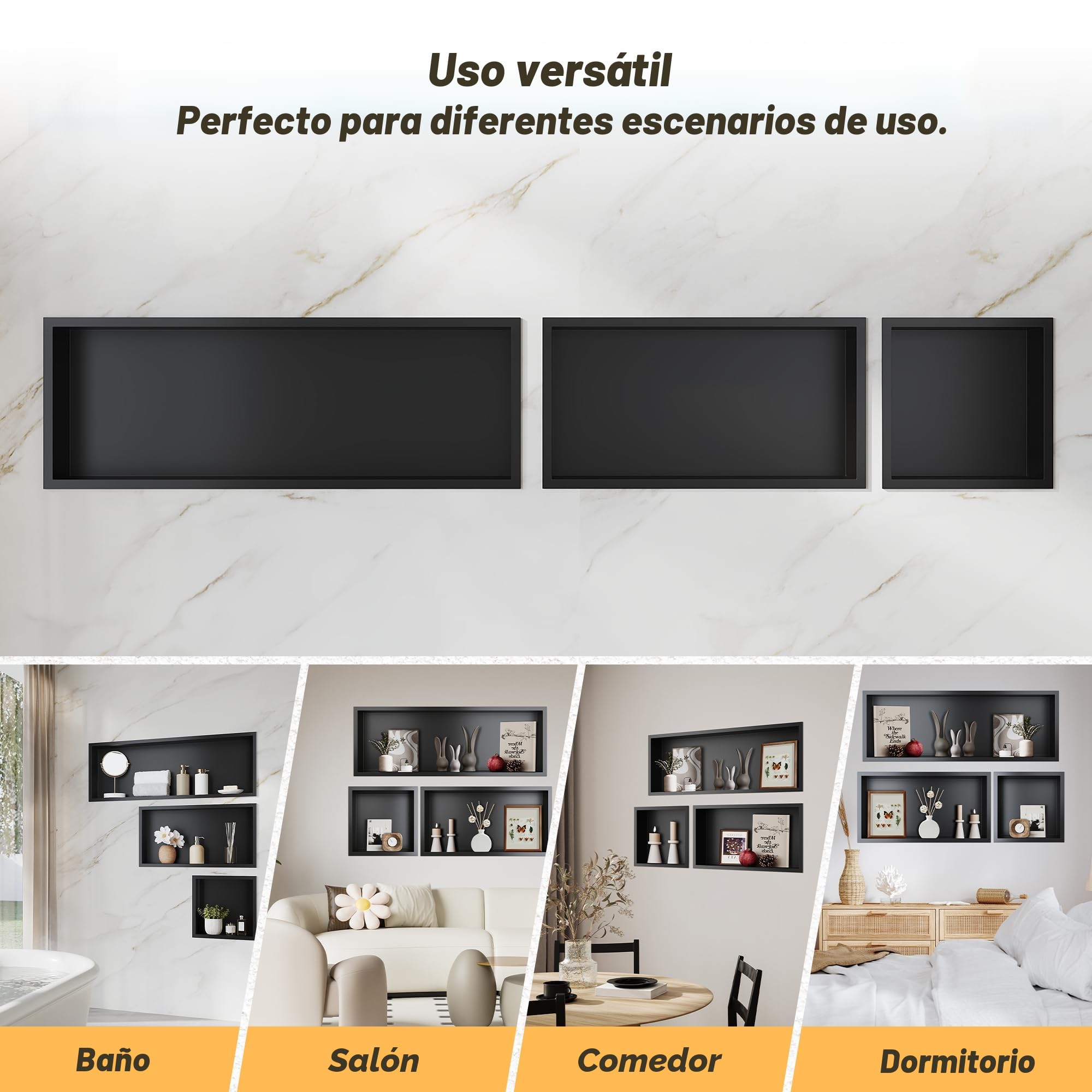Sonni - Ducha de acero inoxidable, ducha empotrada, estante de almacenamiento individual para baño, impermeable, no requiere azulejos, 90 x 30 x 10 cm, negro, GNF90