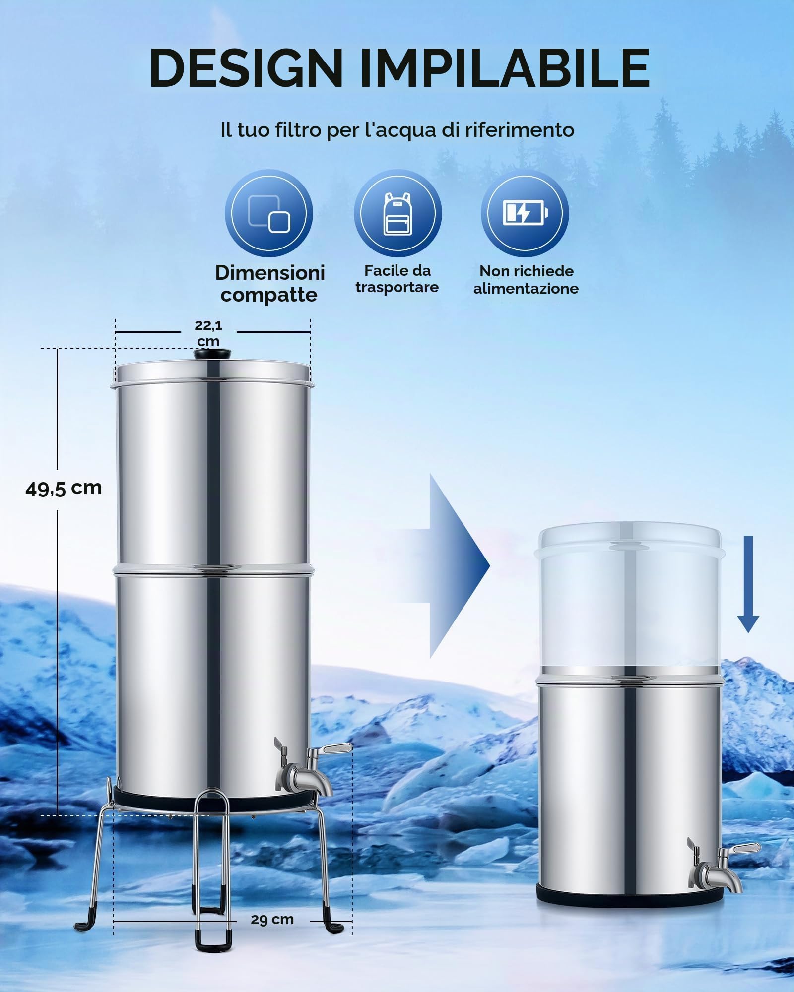 CO-Z 8.5L Sistema di Filtraggio dell'Acqua a Gravità Purificatore D'acqua a Gravità da Banco in Acciaio Inossidabile 304 con 2 Filtri al Carbone con Staffa e Rubinetto Certificazione NSF/ANSI 42