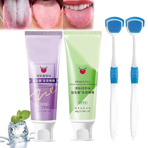 Juego de gel de limpieza de lengua probiótico, cepillo de higiene bucal y gel limpiador de lengua, gel de limpieza de recubrimiento de lengua con