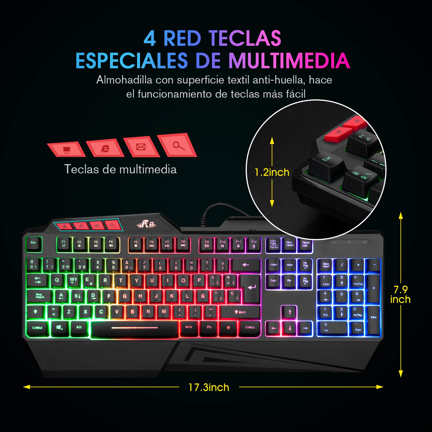 Rii Teclado Gaming, RK202, Retroiluminado LED con Cable USB para PC/Laptop / PS4 / Xbox One (Español, Negro)