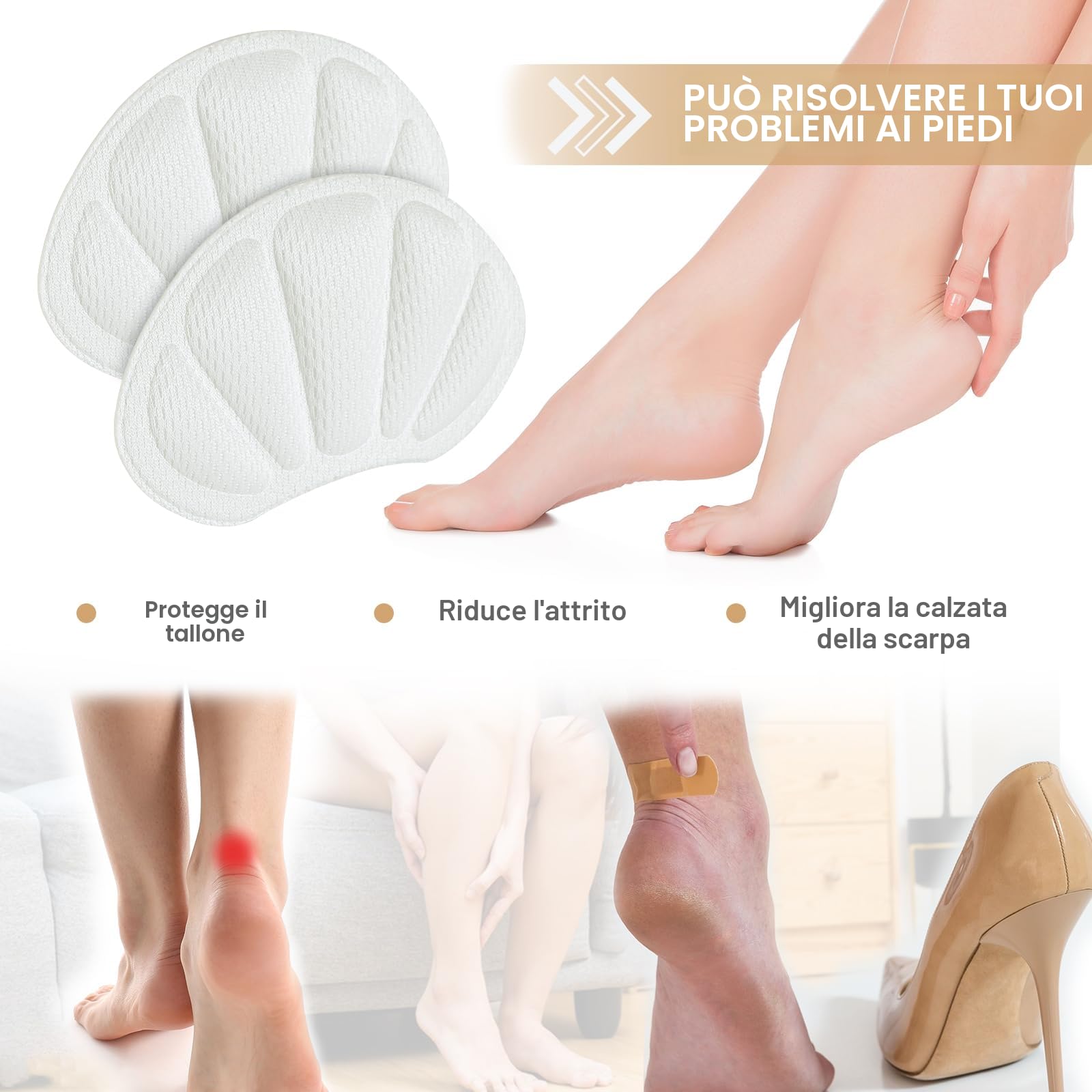 3 PAIA cuscinetti salva tallone per scarpe, proteggi tallone autoadesivo e antiscivolo, solette, inserti morbidi per prevenzione sfregamenti e un confort ottimale (bianco)