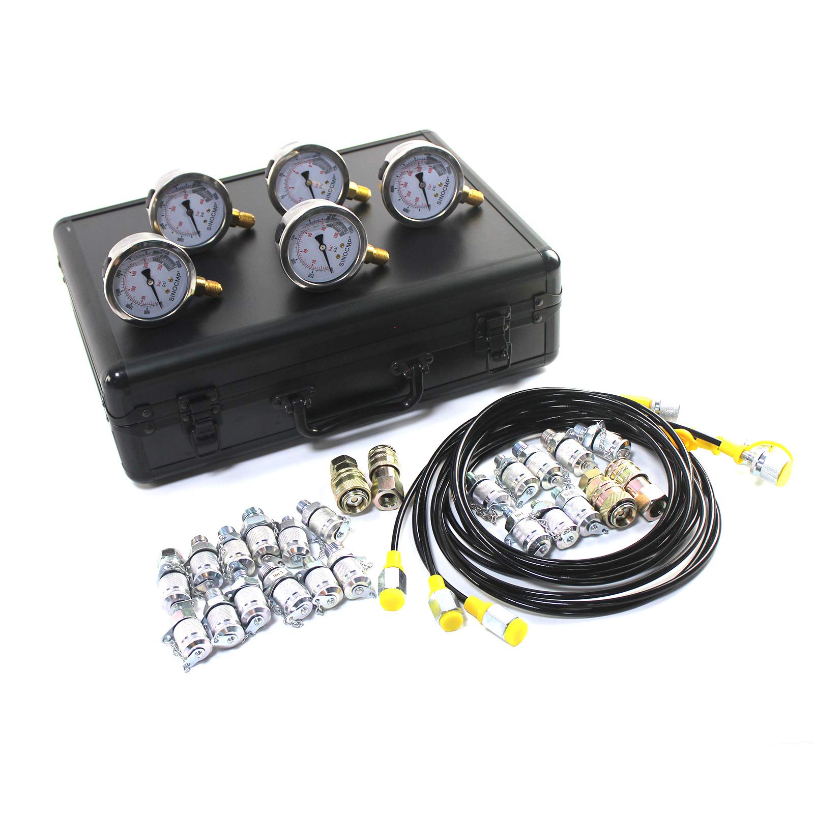 SINOCMP Hydraulic Pressure Test Kit with 5 Gauges, 3 Test Hoses and 24