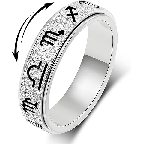Fidget Spinner Ring for Anxiety Relief: Stainless Steel Horoscope Symbol Design Dainty Band Style Gold Silver Black Sizes 5-10