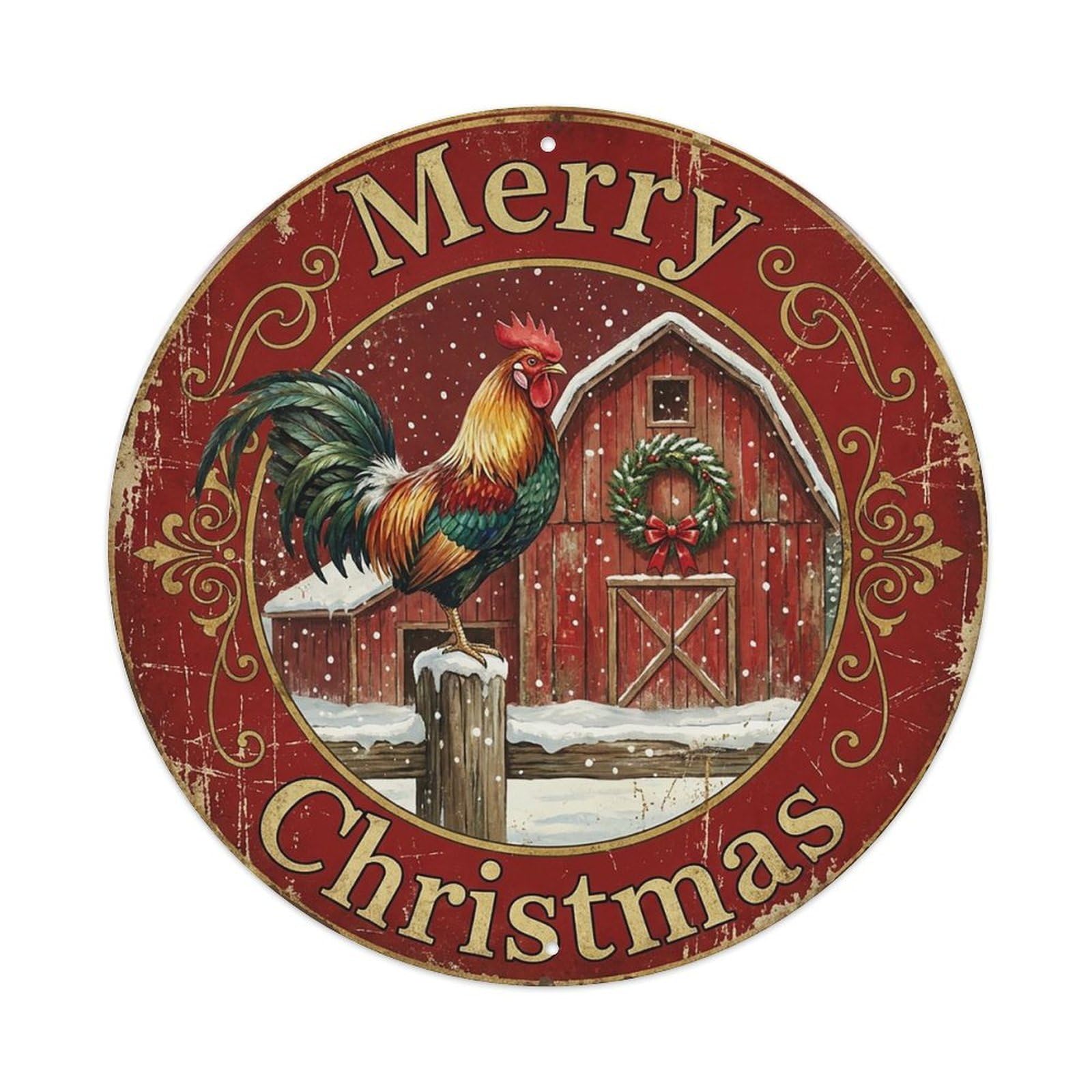 Merry Christmas Rooster Barn Rustic Metal Tin Sign