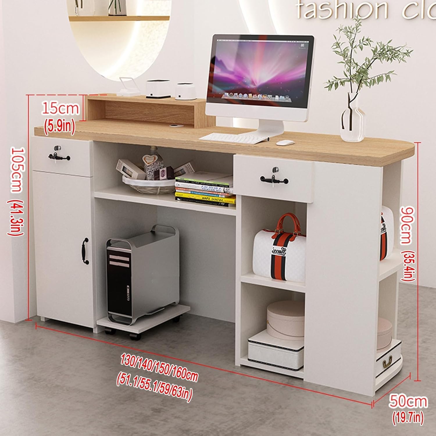 Banco reception con contenitore, banco cassa con luce LED, partizioni aperte, realizzato in materiale di grado E, design compatto 150x50x105cm, adatto per uffici e aziende