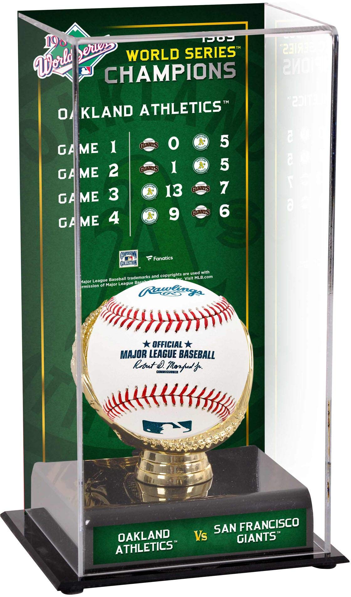 Oakland Athletics 1989 World Series Champions Sublimated Display Case with Series Listing Image - Baseball Free Standing Display Cases
