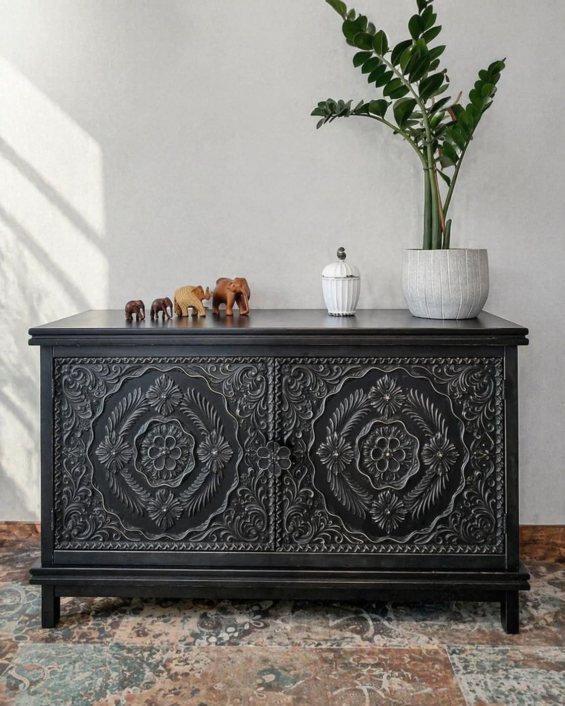 Antique Style Handcrafted Wooden Cabinet Black Finish with Floral Carving Storage Sideboard for Home Decor Carving Vintage Storage Console for Living Room-image-0