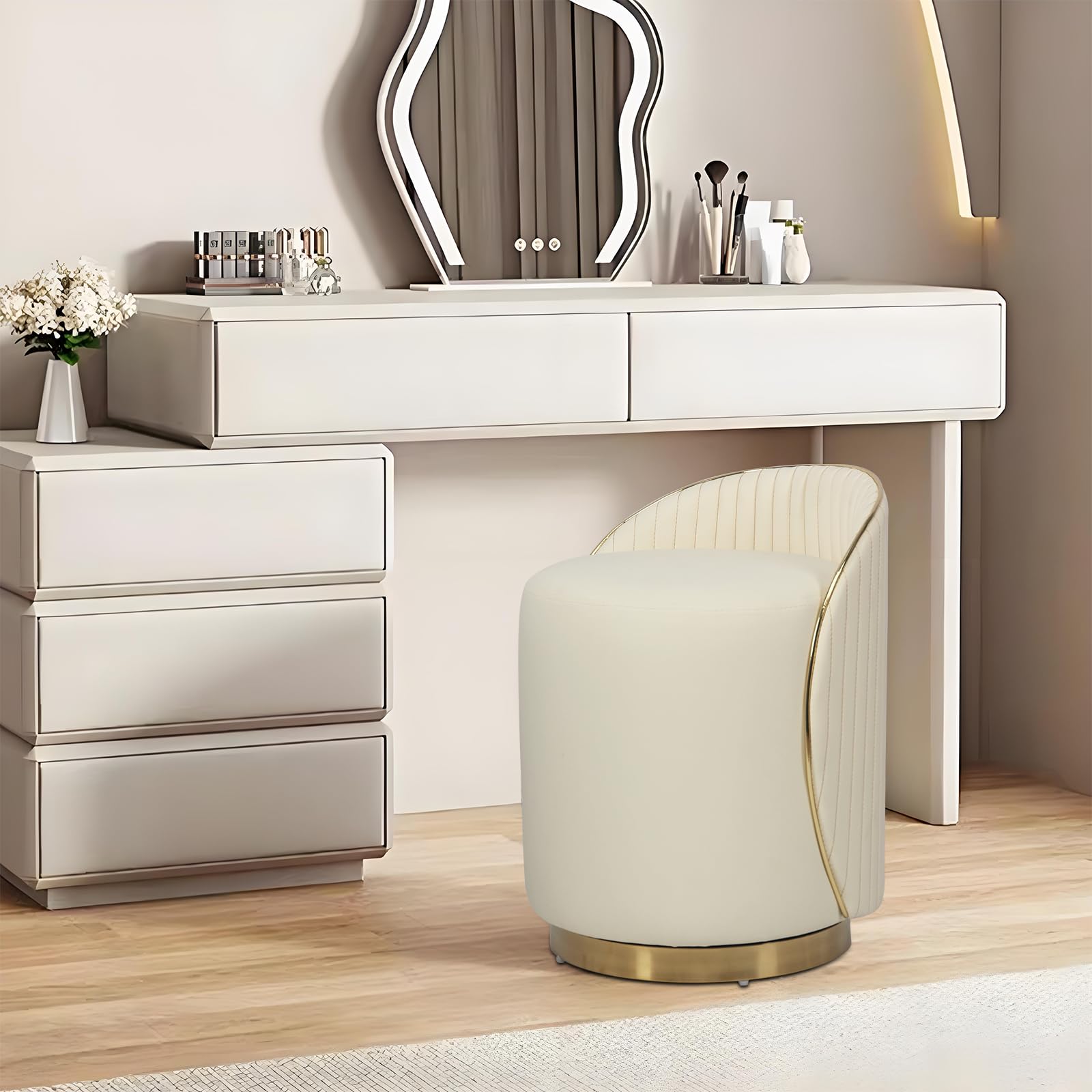 Hocker mit Lehne, Schminkstuhl 360° Drehbar, Sofa Hocker, schreibtischhocker, Make Up Stuhl, Schreibtischhocker und Büro fusshocker Ideal als Kosmetik Stuhl (Cremefarben)