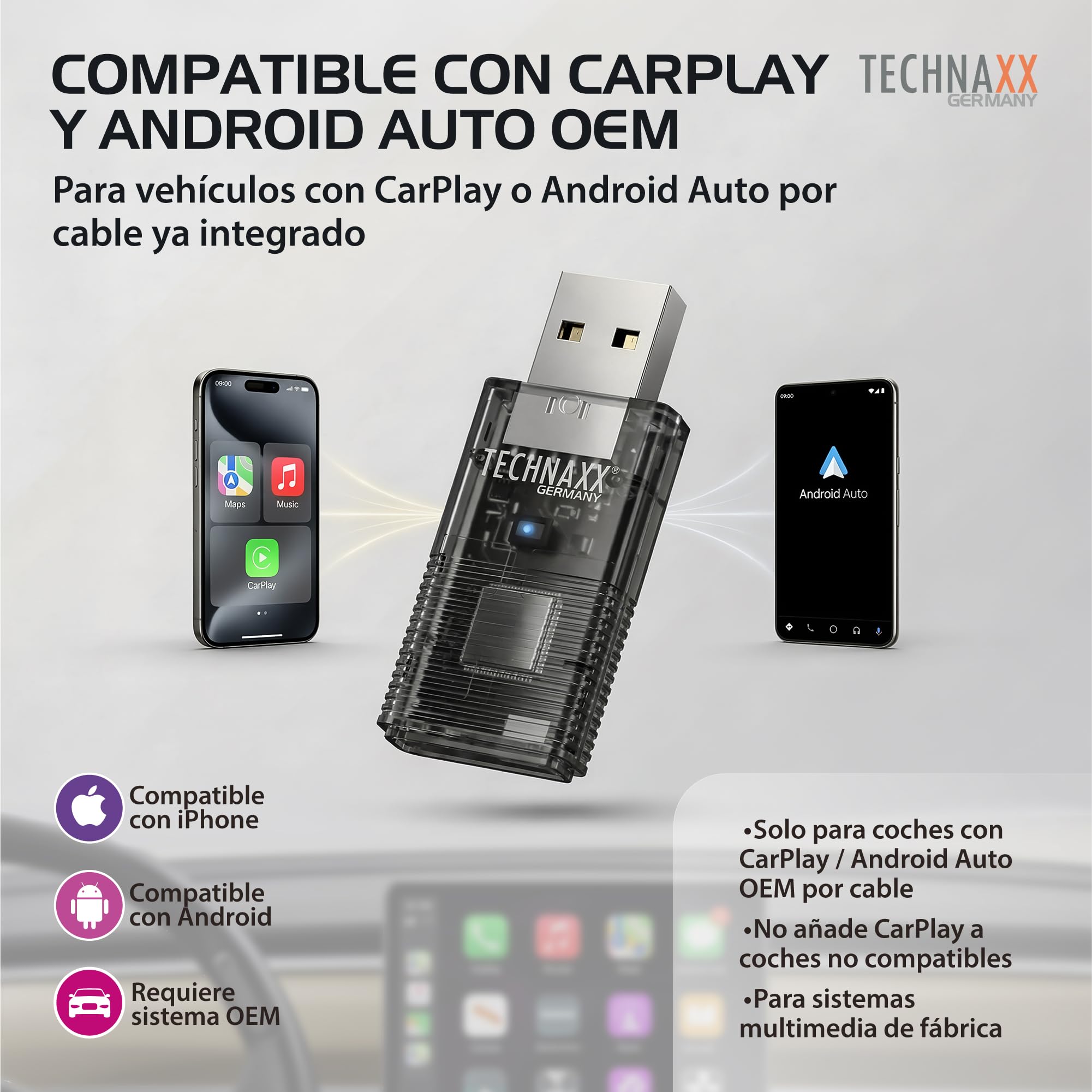 Technaxx Adaptador CarPlay Inalámbrico & Android Auto Inalámbrico – Conversión de Cableado a Inalámbrico, WiFi 2,4/5GHz & Bluetooth 4.2, Plug & Play con Adaptador USB-C y 90° – TX-346