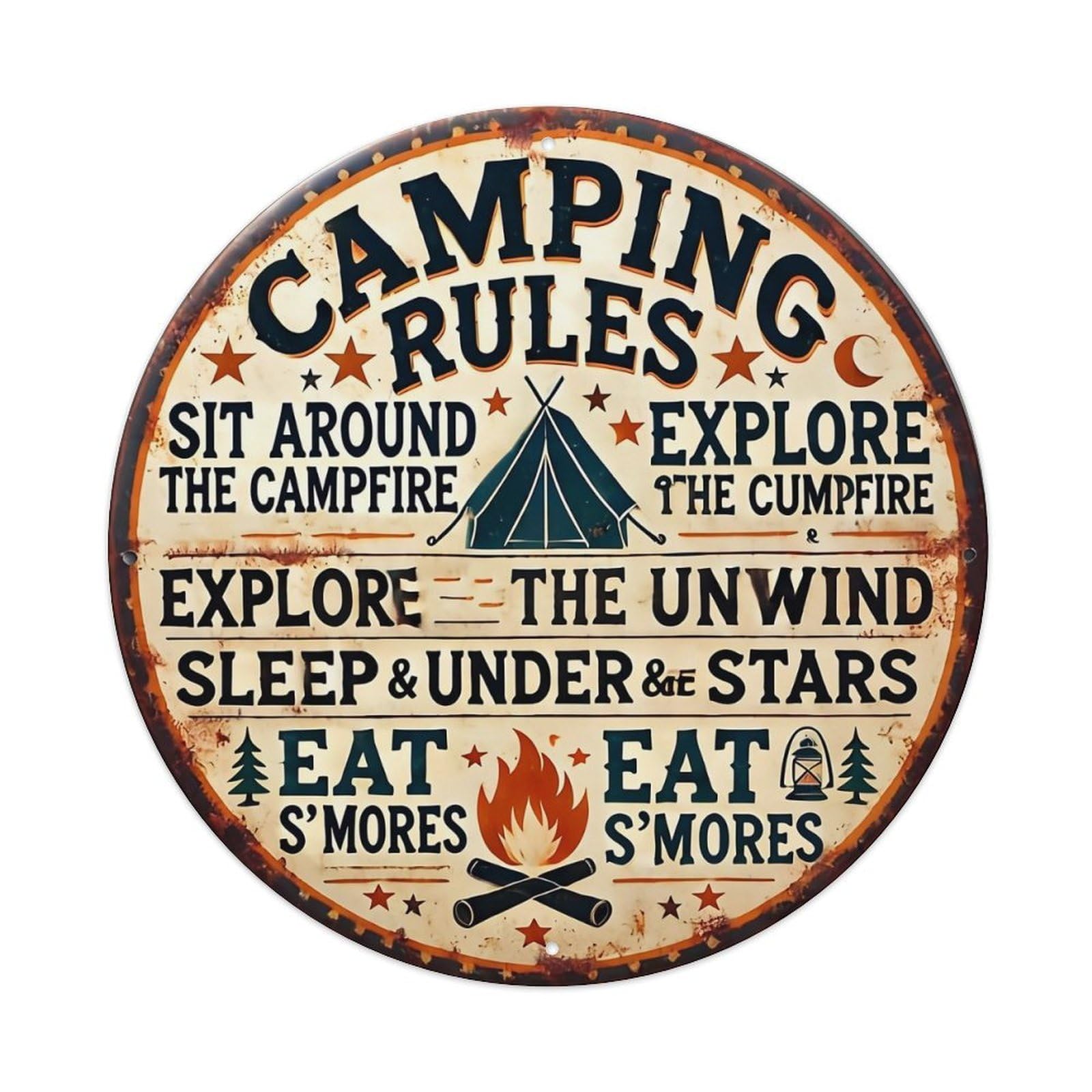 Jdyaojiesheng Vintage Camping Rules Explore Campfire Stars S'mores Round Tin Sign Retro Metal Wall Decor Metal Poster, Home Bar Garage Farmhouse Cafe Wall Art Decoration 8X8inch