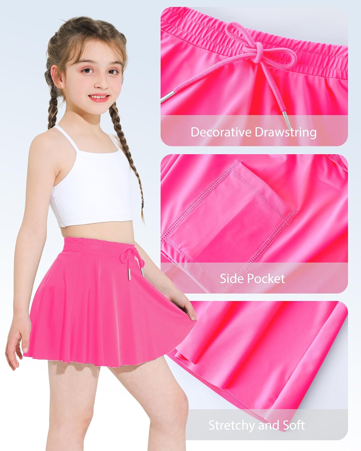 Girls Tennis Skirt Athletic Skort Butterfly Flowy Skorts for Kids Shorts with Pocket Hot Pink - Image 5