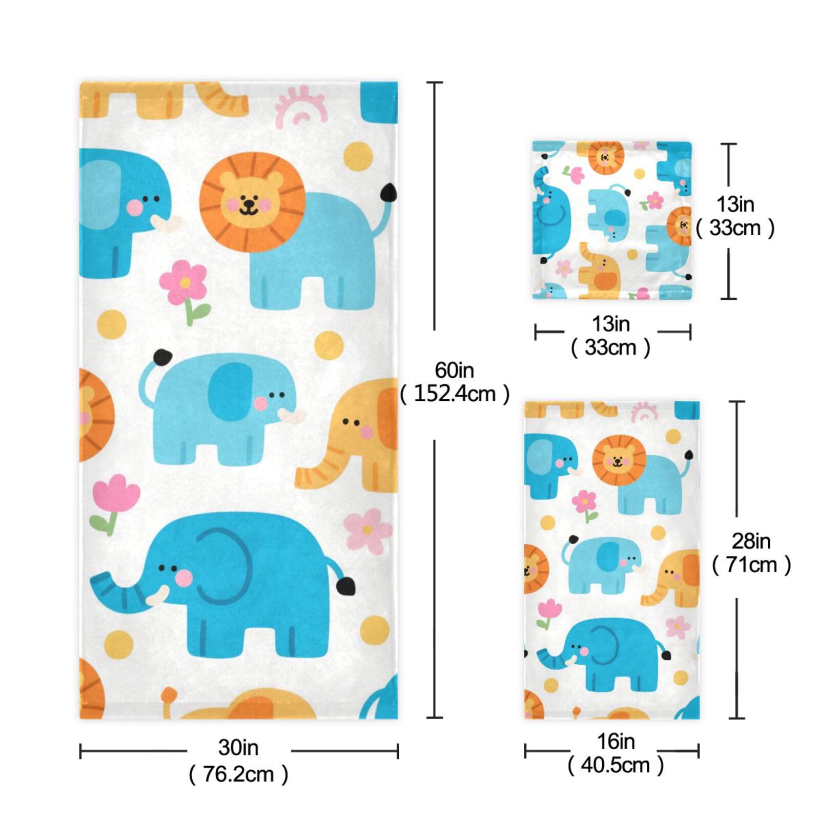 Set di 3 asciugamani decorativi per il viso con elefante e leone in stile cartone animato, 1 asciugamano da bagno, 1 asciugamano per le mani, 1 panno per cucina, bagno, yoga, palestra