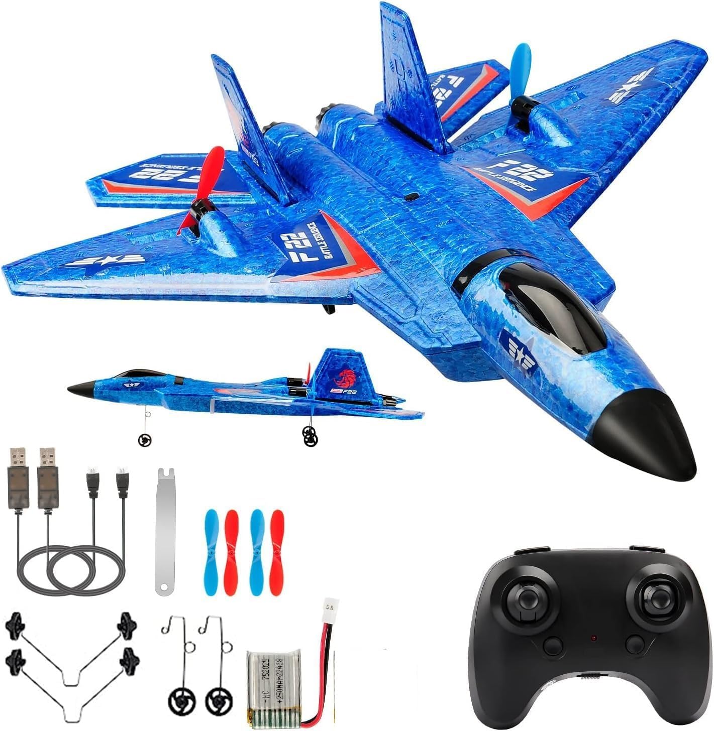 RC Plane, F22 RC Airplane Fighter Ready to Fly, 2.4Ghz 2 Channel Remote Control Plane, RC Airplanes Toy for Boys Girls Kids Beginners (Blue)