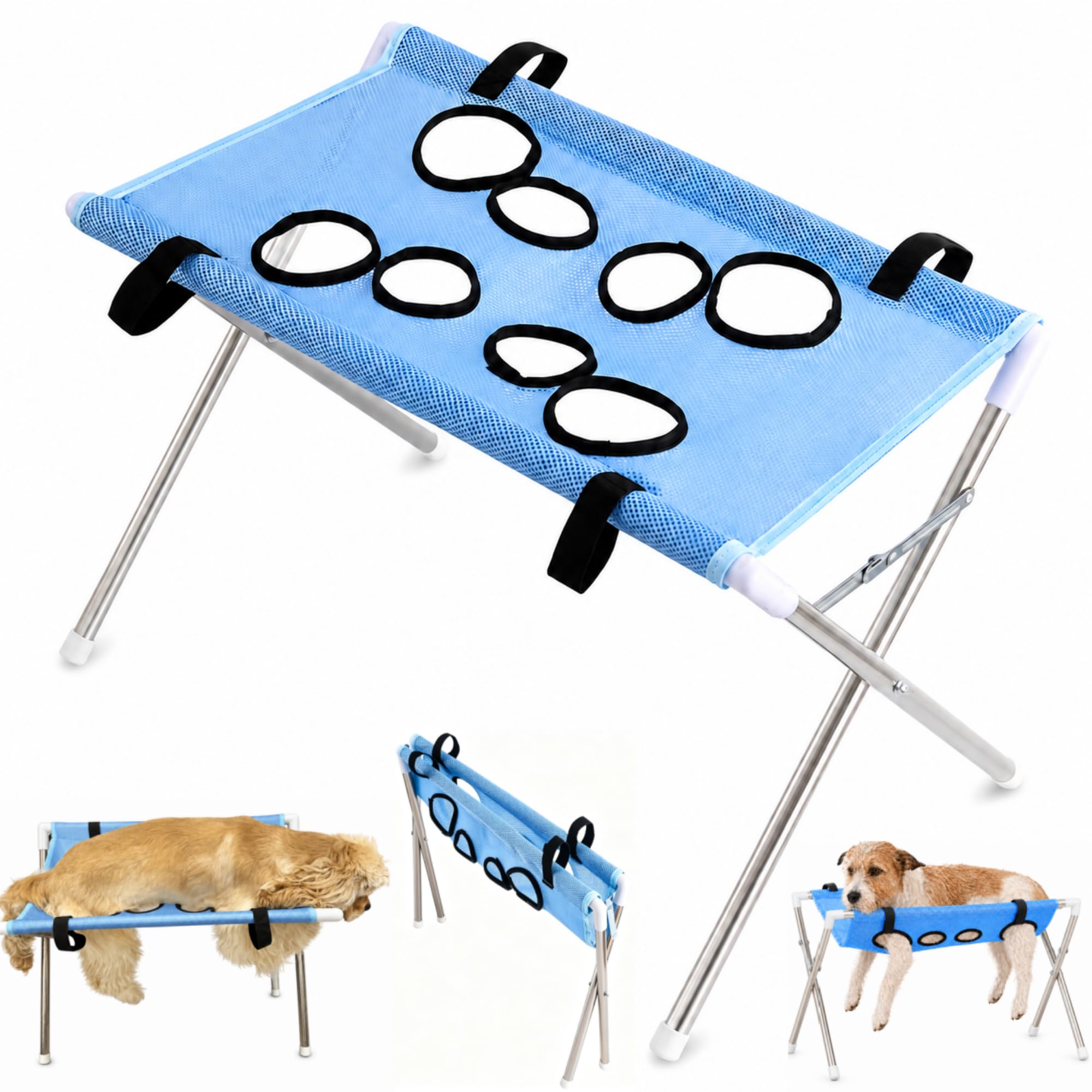 Dog Grooming Hammock with Stand, Foldable Pet Grooming Table with Washable Mesh, Freestanding Bathing and Nail Trimming Station for Small and Medium Dogs and Cats，Blue：Standard Style