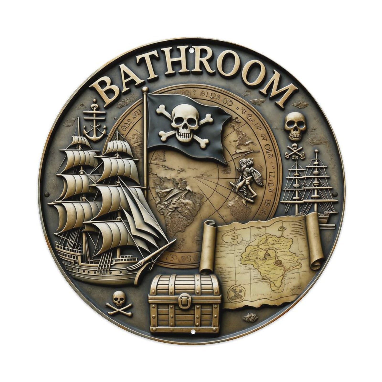 Pirate Ship Skull Map Treasure Chest Round Tin Sign Vintage Metal Poster Retro Bar, Home, Man Cave, Kitchen, Laundry Room Wall Art Decor Gift 8x8In