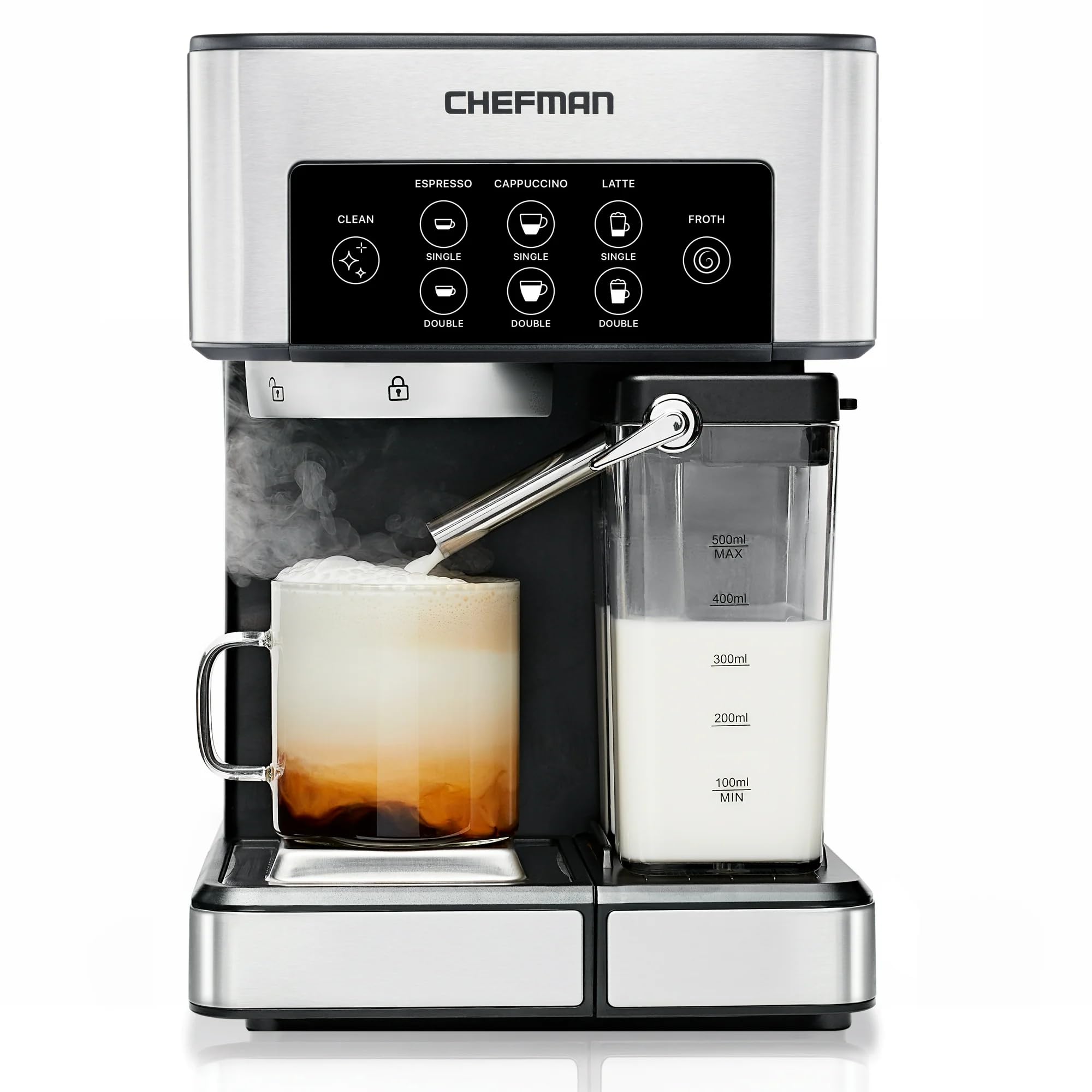 Cheffman Barista Pro 6 in 1 Espresso Machine, 15-BAR Pump, Milk Frother, 1.8L Water Tank, Stainless Steel, Home Coffee Maker, Single & Double Shot, Cappuccino & Latte Brewer