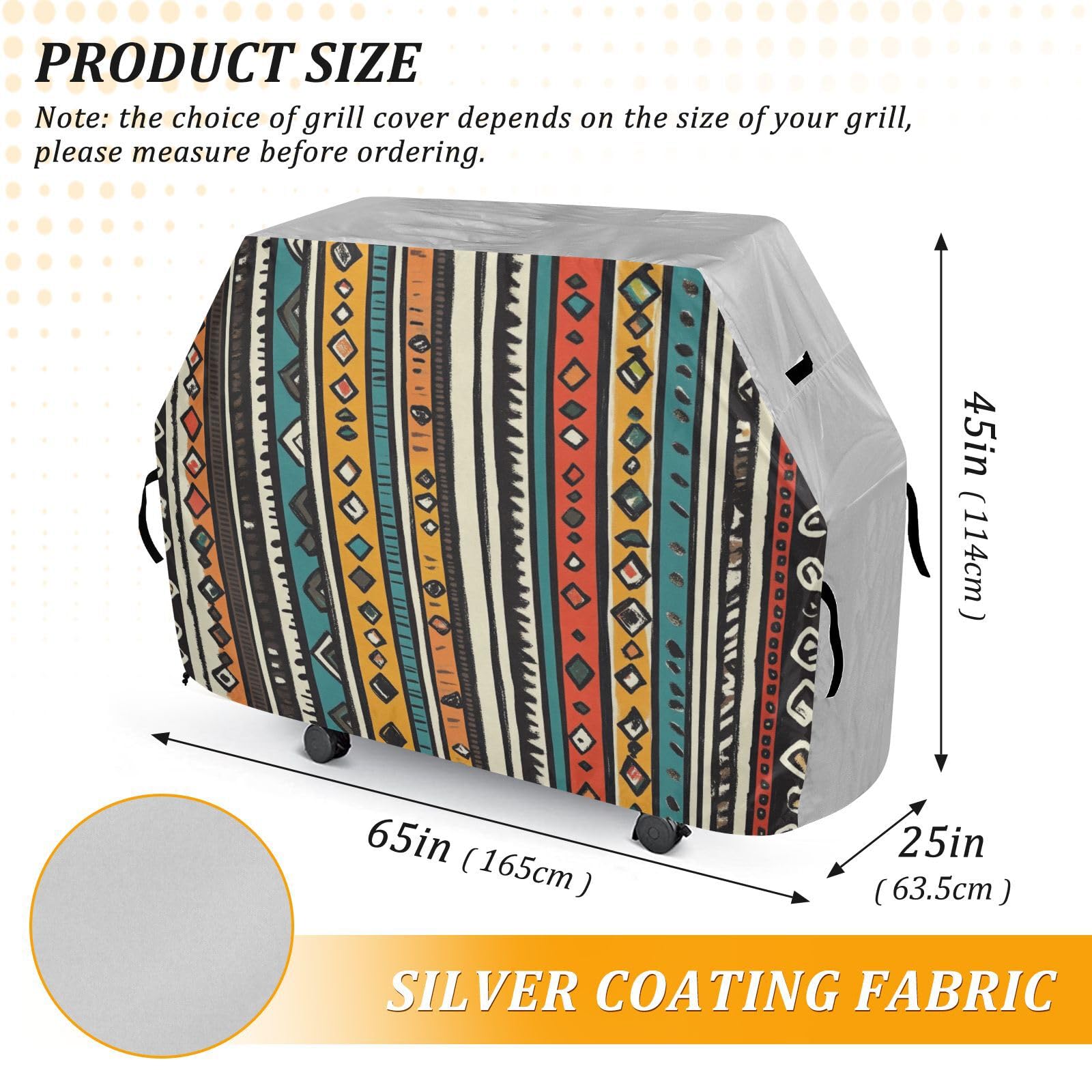 Pionowe paski boho retro pokrowiec na grilla 150 cm wodoodporny wytrzymały odporny na rozdarcie odporny na blaknięcie materiał pokrowiec na grilla z regulowanym sznurkiem na kurz i wiatr