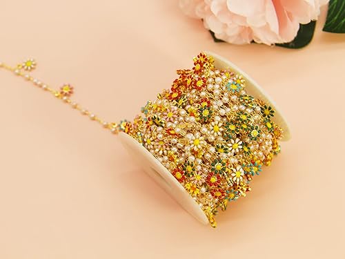 Miniatura 3 de PAMIR TONG Cadena de eslabones de perlas de imitación de girasol hecha a mano con adornos de latón chapado en oro para pulsera, collar, máscara de