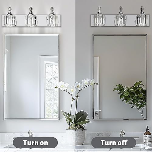 Miniatura 7 de Modernas luces de cristal para tocador de baño, 3 luces de baño sobre espejo, 42 piezas de lámina de cristal, luces cromadas para tocador de baño