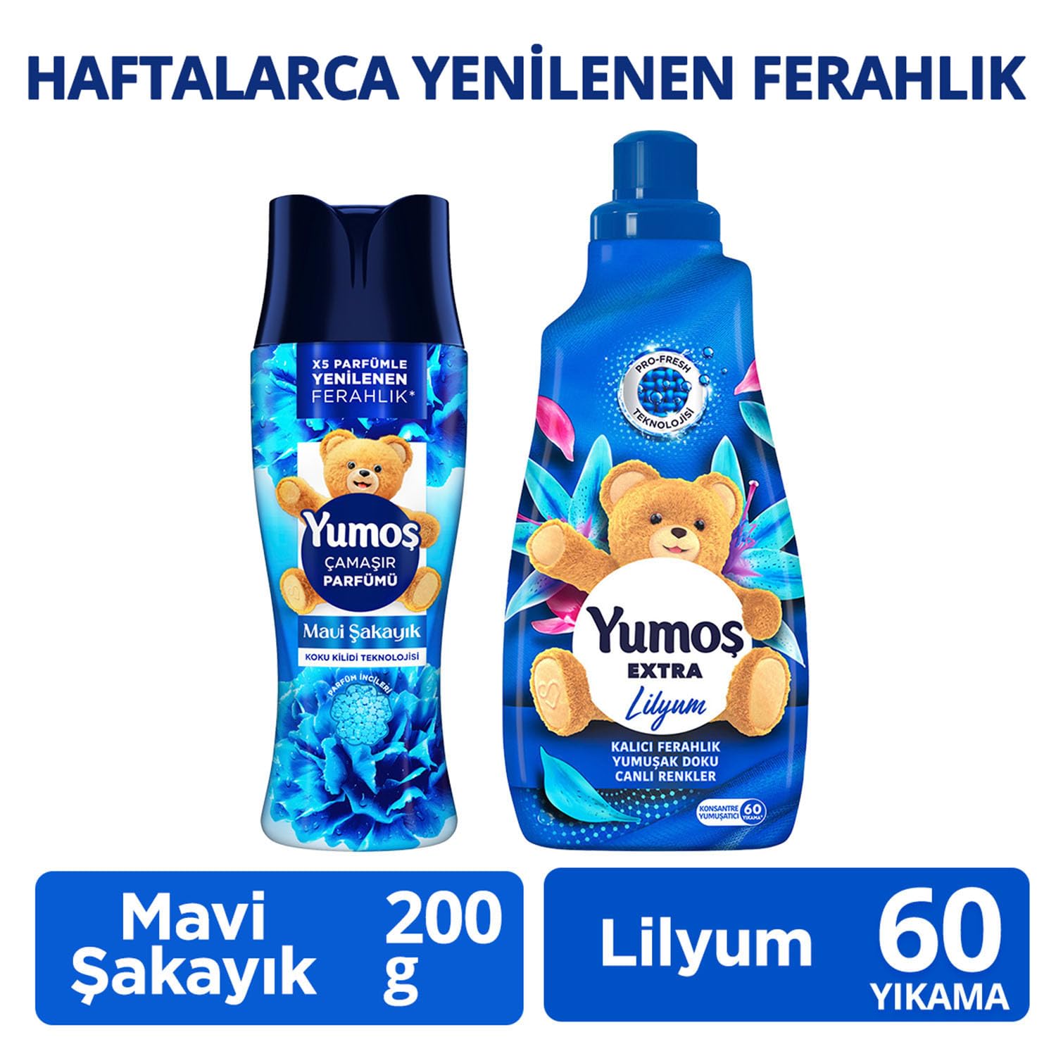 Yumoş Çamaşır Parfümü Mavi Şakayık 200 g + Yumoş Extra Çamaşır Yumuşatıcısı Lilyum 1440 ml