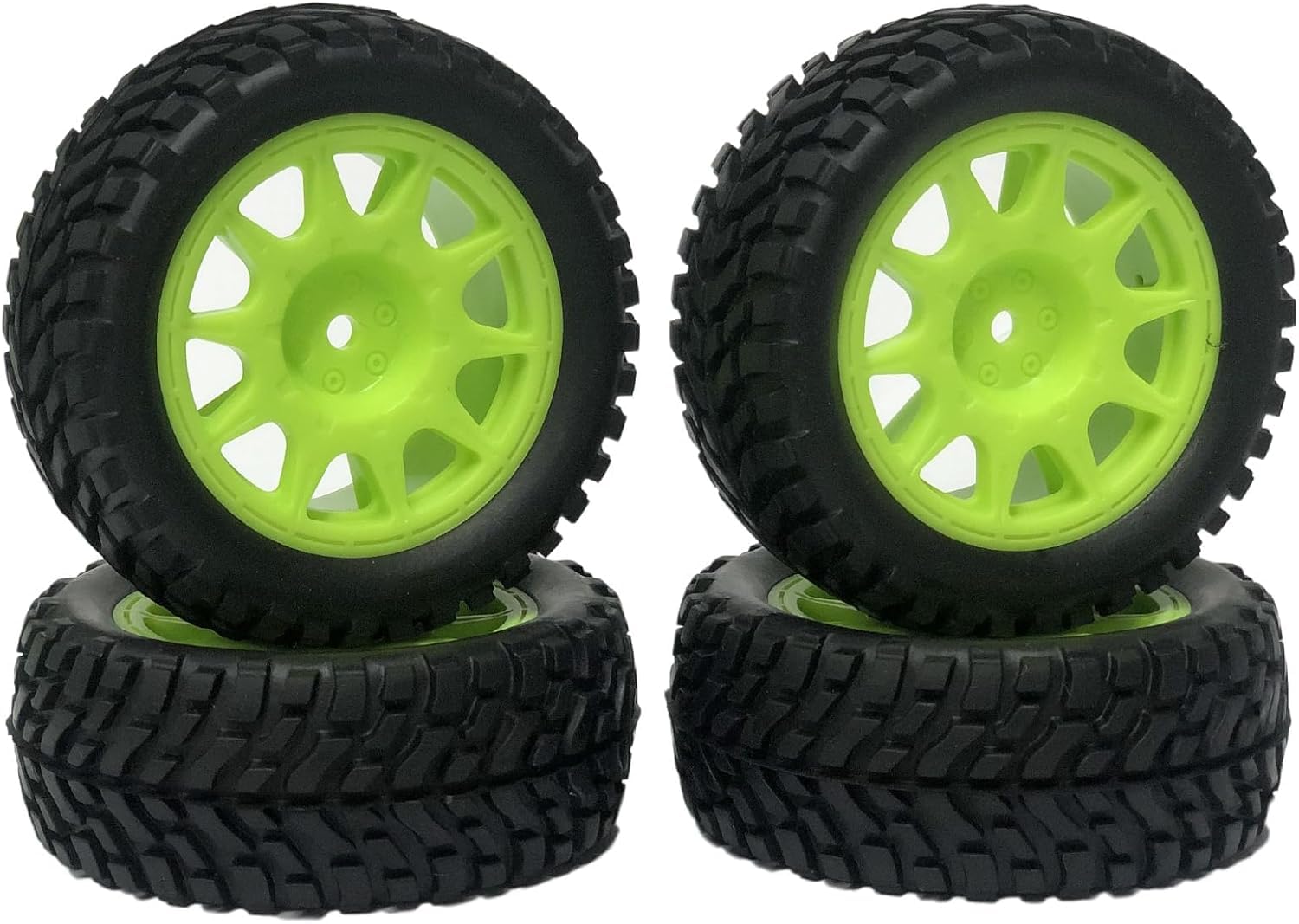 KINGCOO 4PCS 75mm Rubber Tyres Tires with Foam Inserts and Plastic Wheel Rims 12mm Hex for 1/10 On-Road RC Drift Touring Car 1/14 1/16 1/18 Rally Car Replacement Parts (10Spoke-Green)