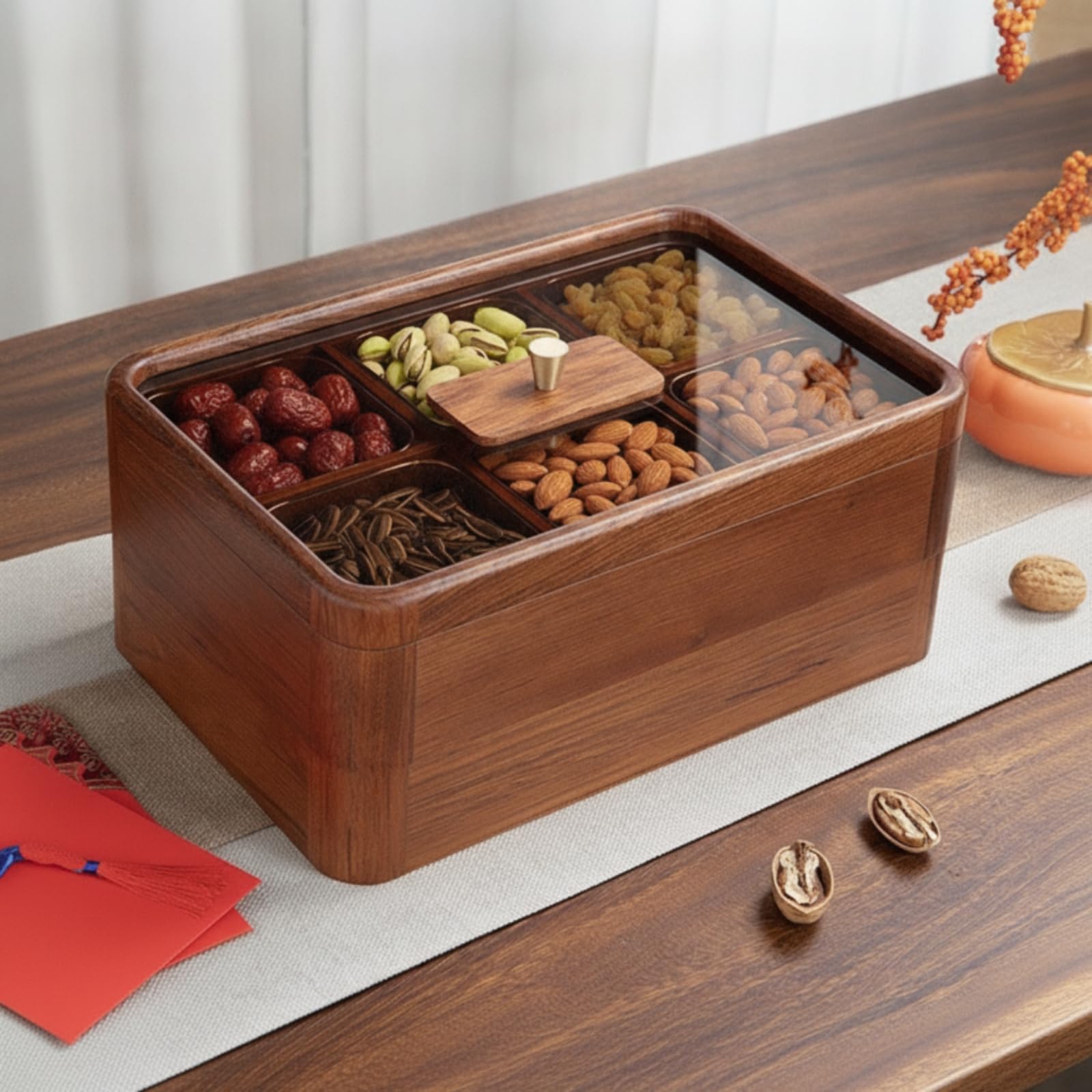 Plateau Service en Bois avec Couvercle Transparent et 6 Casiers pour Présenter Bonbons et Fruits Secs sur la Table