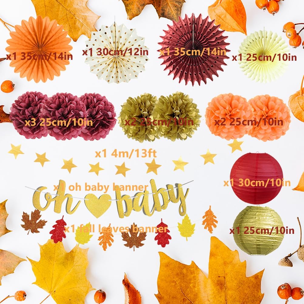 Fall Baby Shower Decorations Burundy Orange Fall Party Decorations Burundy Orange Paper Fans Paper Pom Poms Oh Baby Banner Fall Maple Leaves Garland for Baby Girls Boys Autumn Baby Shower Party Decor