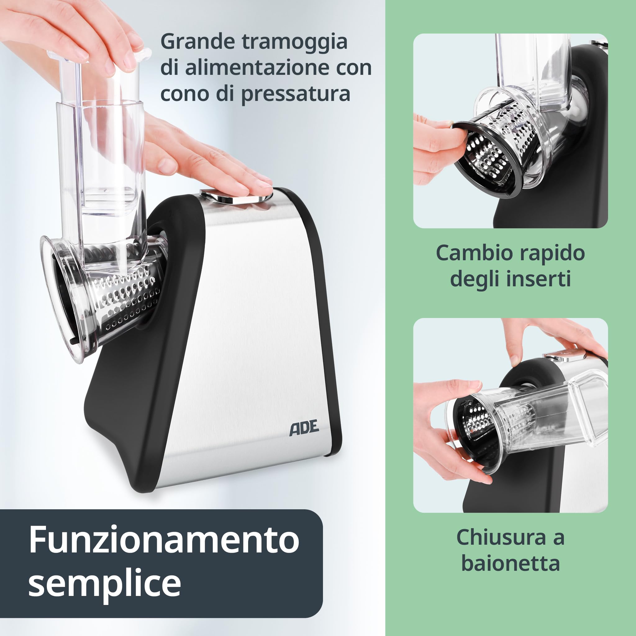 ADE Taglia verdure elletrico | grattugia e mandolina elettrica da cucina con 4 inserti extra-affilati | affeta verdure | tagliaverdure multifunzione | fino a 500 W