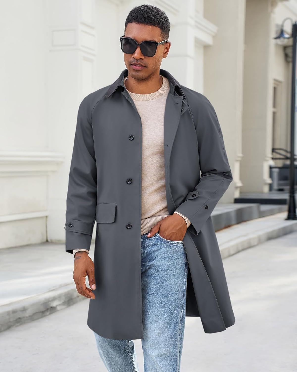 Runcati Mens Trench Coat Single Breasted Corduroy Lapel Long Jacket Fall Casual Vintage Windbreaker Overcoat - Image 2