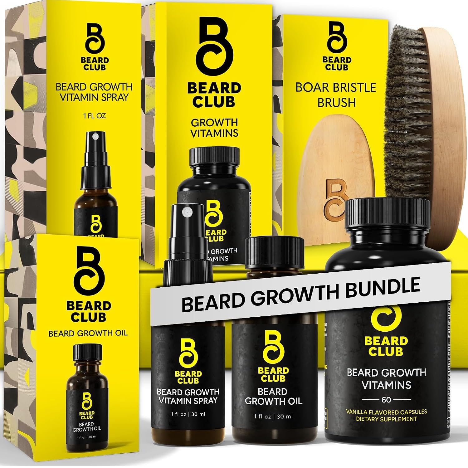 Beard Club Essential zestaw do wzrostu brody - olejek do wzrostu, witaminy wzrostowe, spray witaminowy do wzrostu i szczotka do brody