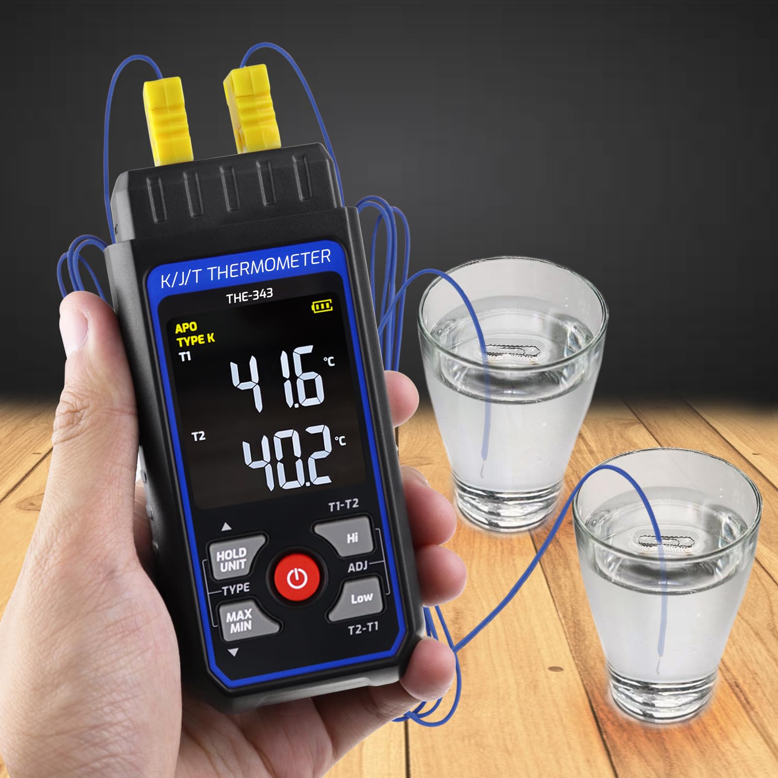 Thermomètre Numérique à Thermocouple pour CVC avec 2 Pinces Thermométriques et 2 Sondes à Thermocouple Filaires, Double Canal avec Alarme et Compensation ADJ (-328~2500 ℉)