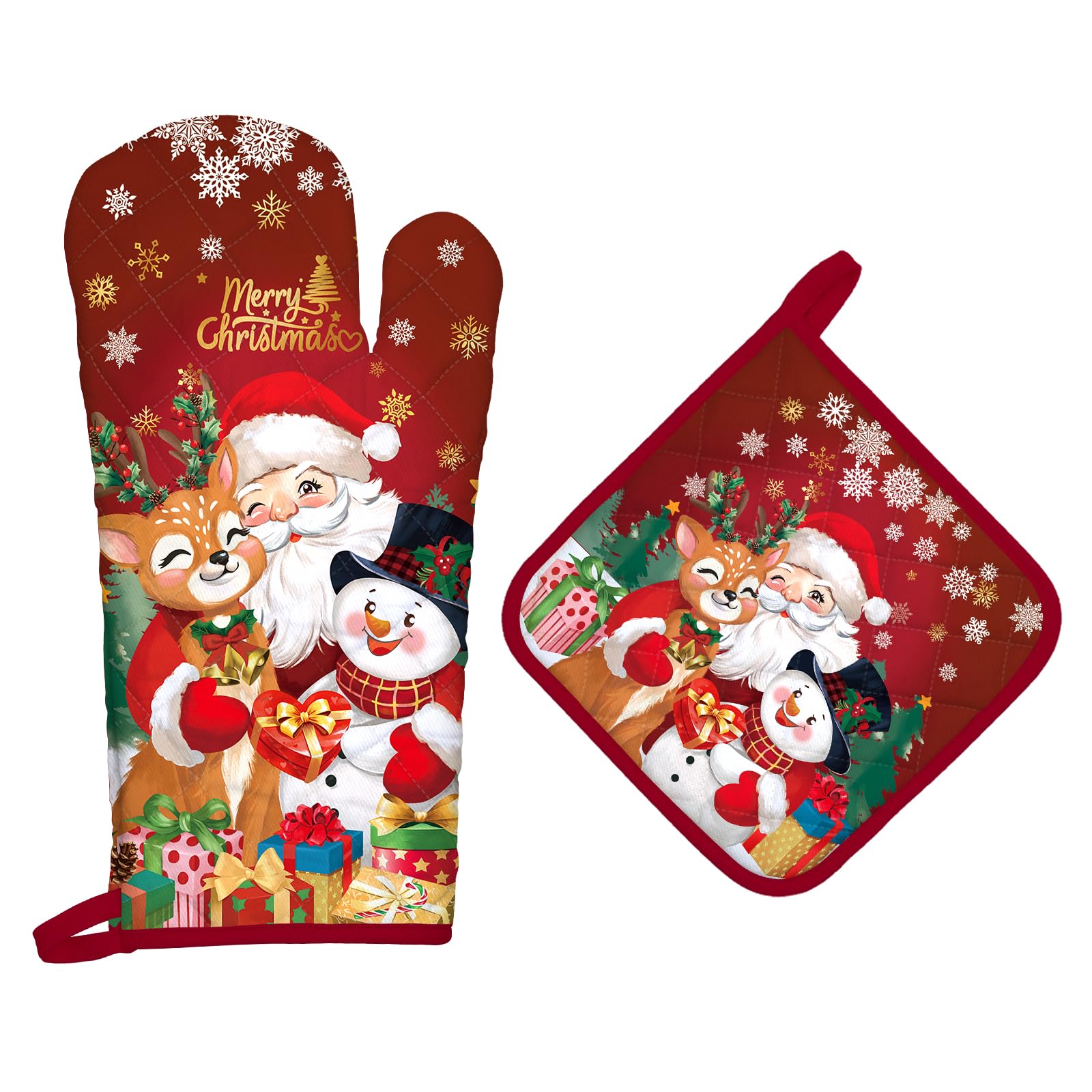 Arquiel Christmas Santa Snowman Oven Mitts and Pot Holders -100% Cotton, Heat Resistant Extra Long Oven Gloves & Hot Pads for Cooking BBQ Grilling Baking Gift, Set of 2 โ image 1