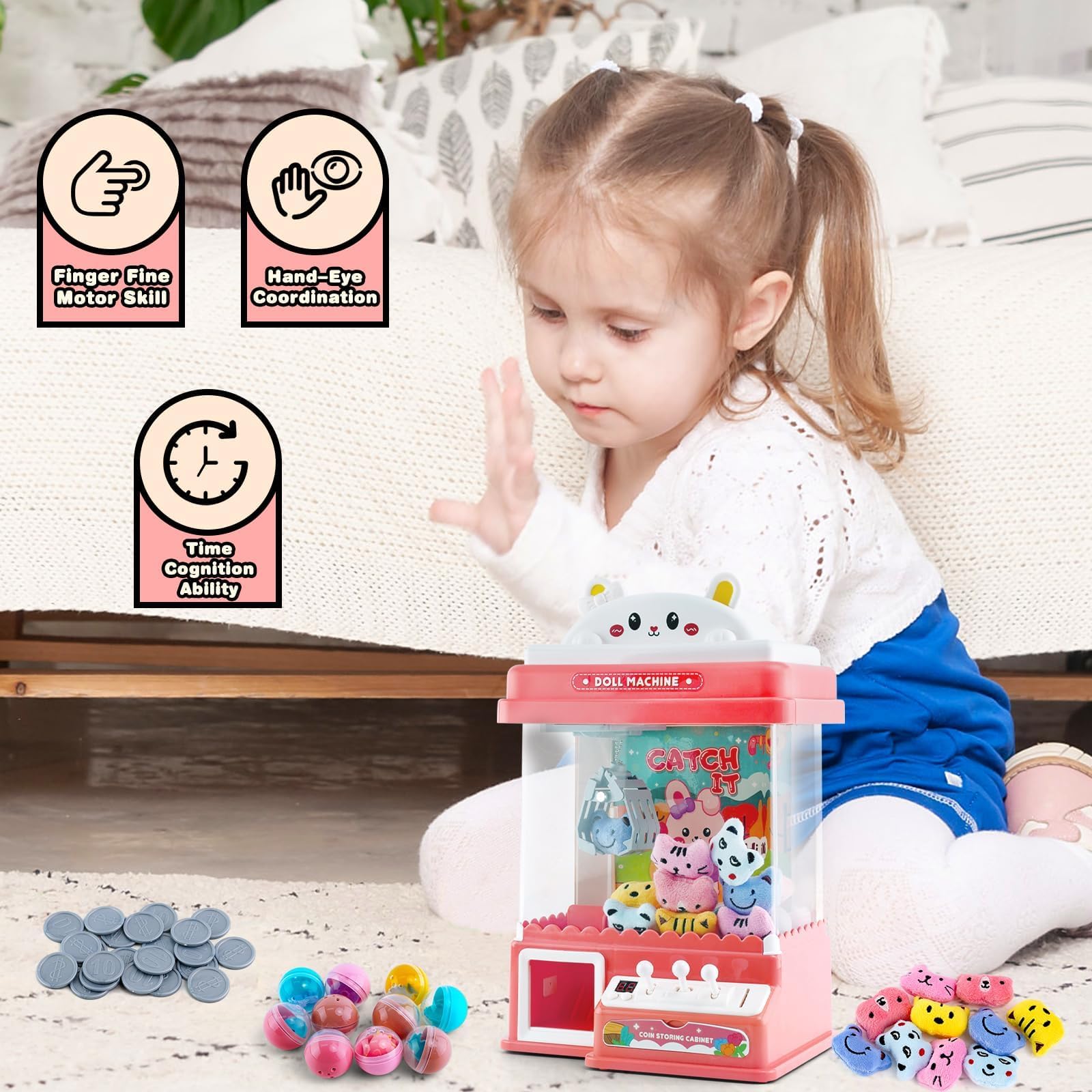 Mini Candy Doll Grabber Machine Gachapon Grabber Candy Grabber Machine con Empujadores De 20 Piezas Y MáQuina De Brazo Agarrador, Juguetes De Peluche, MáQuina De Garras para NiñOs