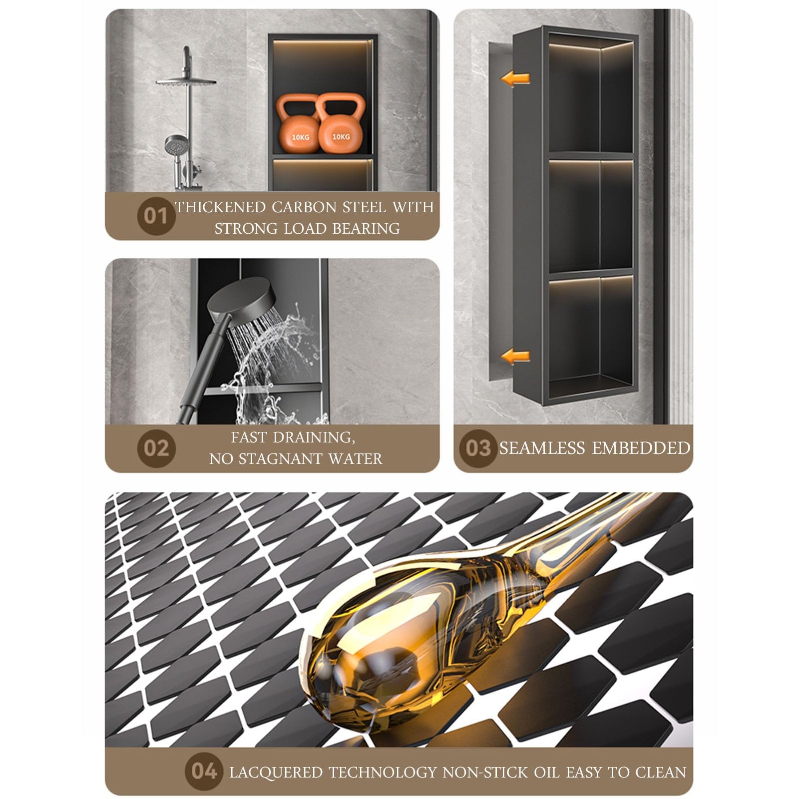 SanzIa Nicchia per Doccia con Luce LED Illuminata, Scaffale Impermeabile da Incasso a Parete Non È Necessario Rivestire la Nicchia per Lo Stoccaggio del Bagno(28x90x12.5cm)