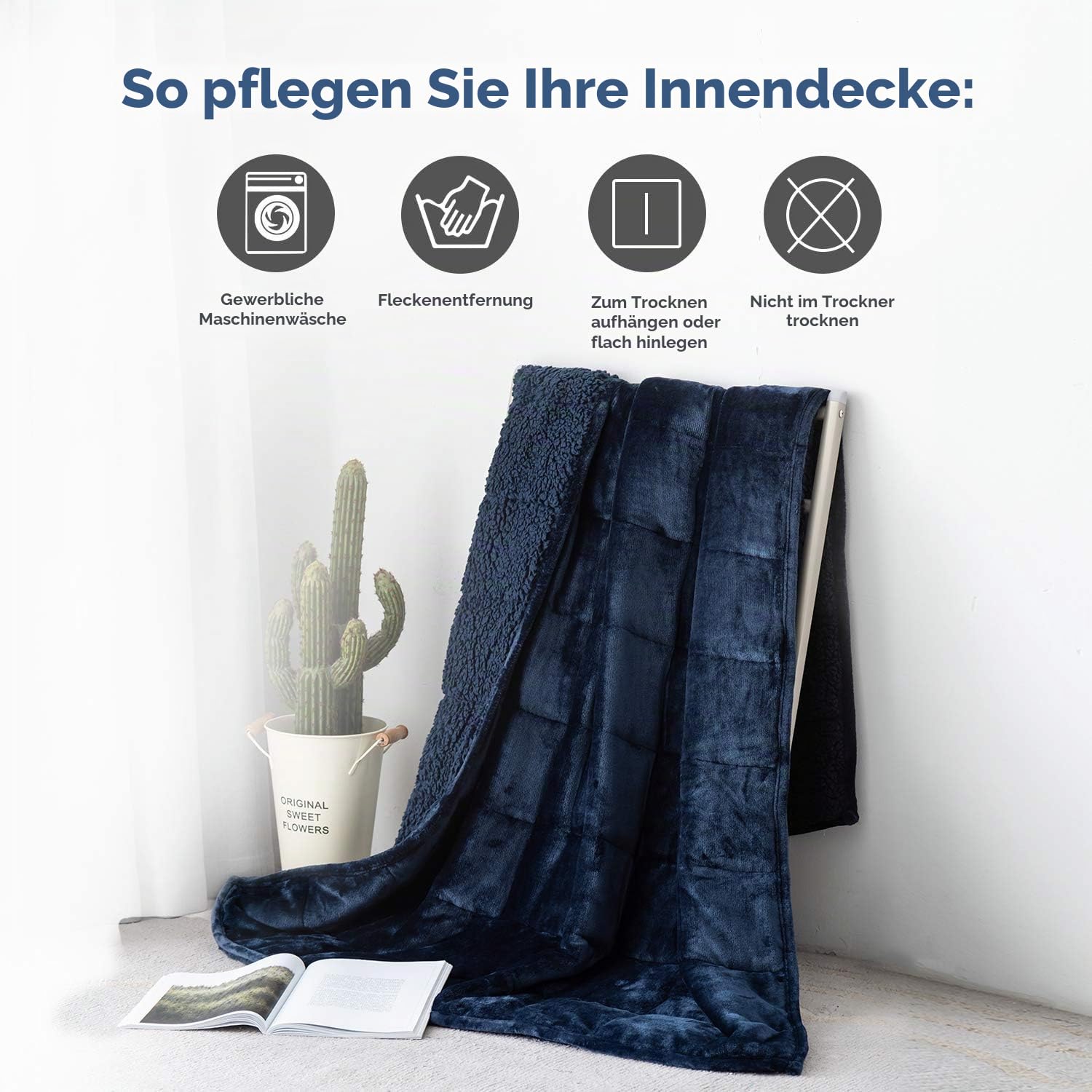 BUZIO Gewichtete Decke 7kg 120 x 180cm für Erwachsene, weiche kuschelige warme Sherpa Decke für Sofa Bett Couch, Flauschiger Plüsch Fleece, Marineblau