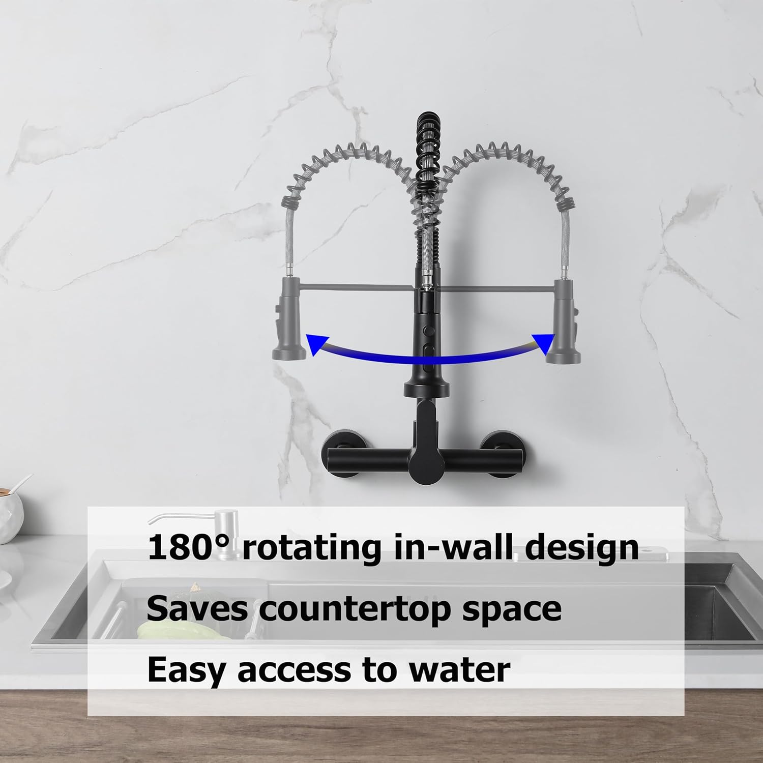 LIWEIKE Wall Mount Kitchen Faucets, Wall Mounted Faucet 8 Inch Center Wall Mount Kitchen Faucet with Sprayer, Matte Black